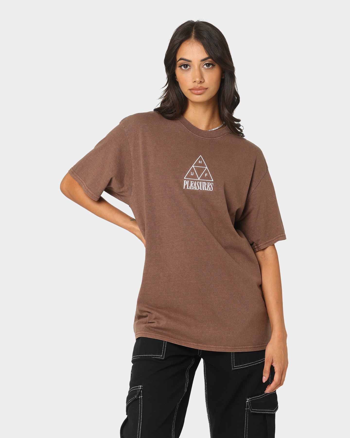 HUF X Pleasures Dyed Short Sleeve T-Shirt Brown Style001