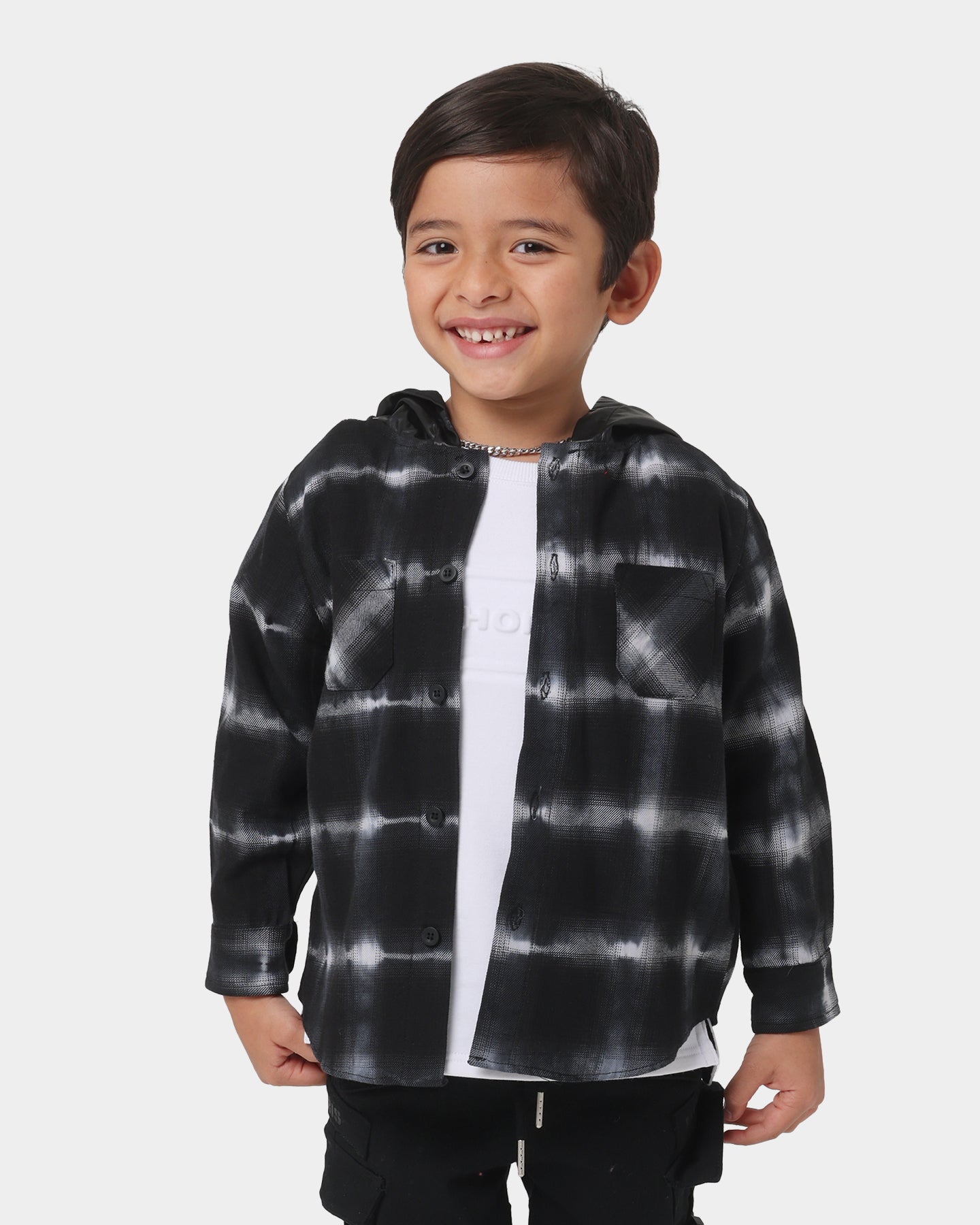 EN ES Kids' Mini Hooded Button Up Shirt Black/White