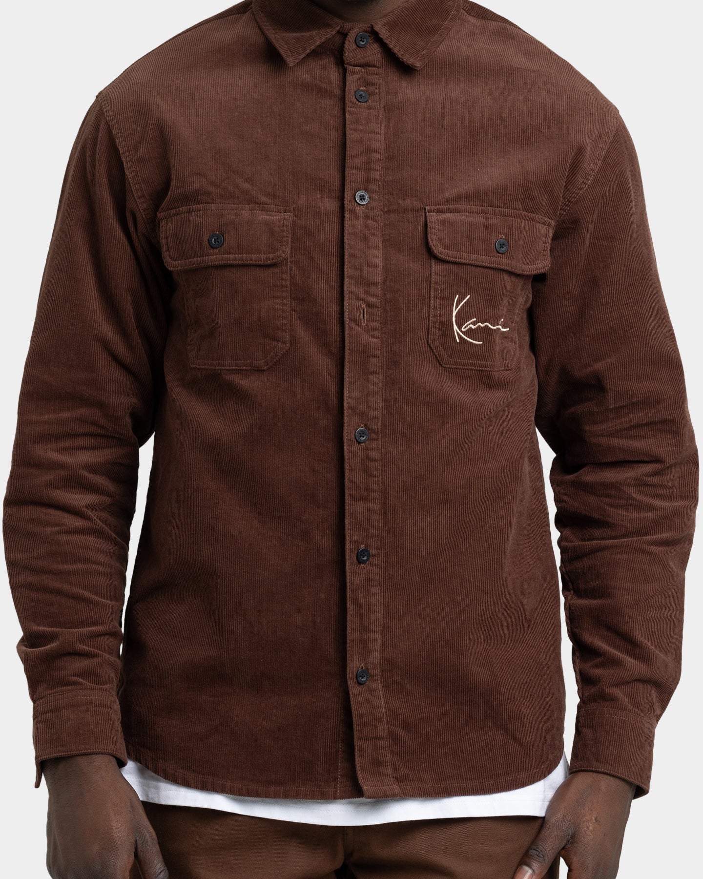 Karl Kani Men's Chest Signature Corduroy Shirt Brown