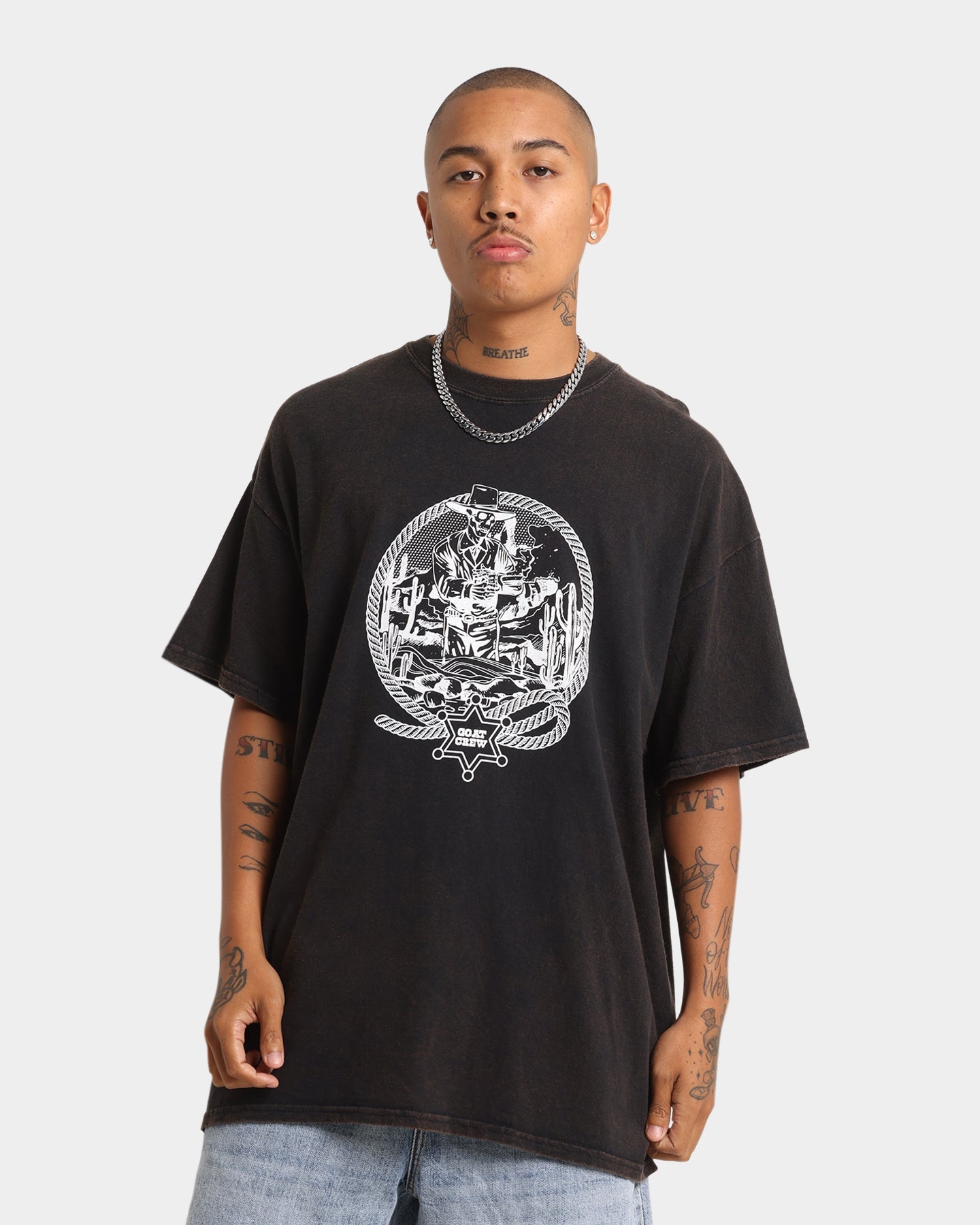 Goat Crew Cowboy Drawing Vintage T-Shirt Black Wash