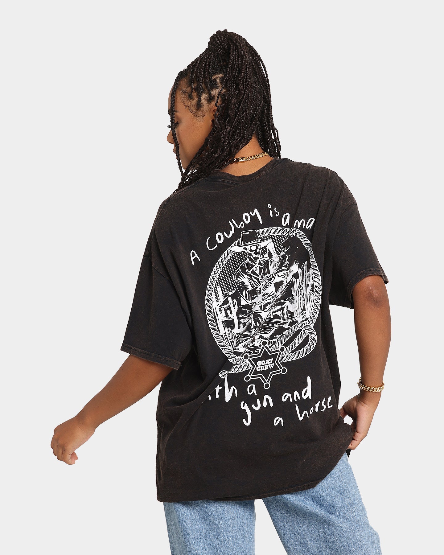 Goat Crew Cowboy Drawing Vintage T-Shirt Black Wash Style001