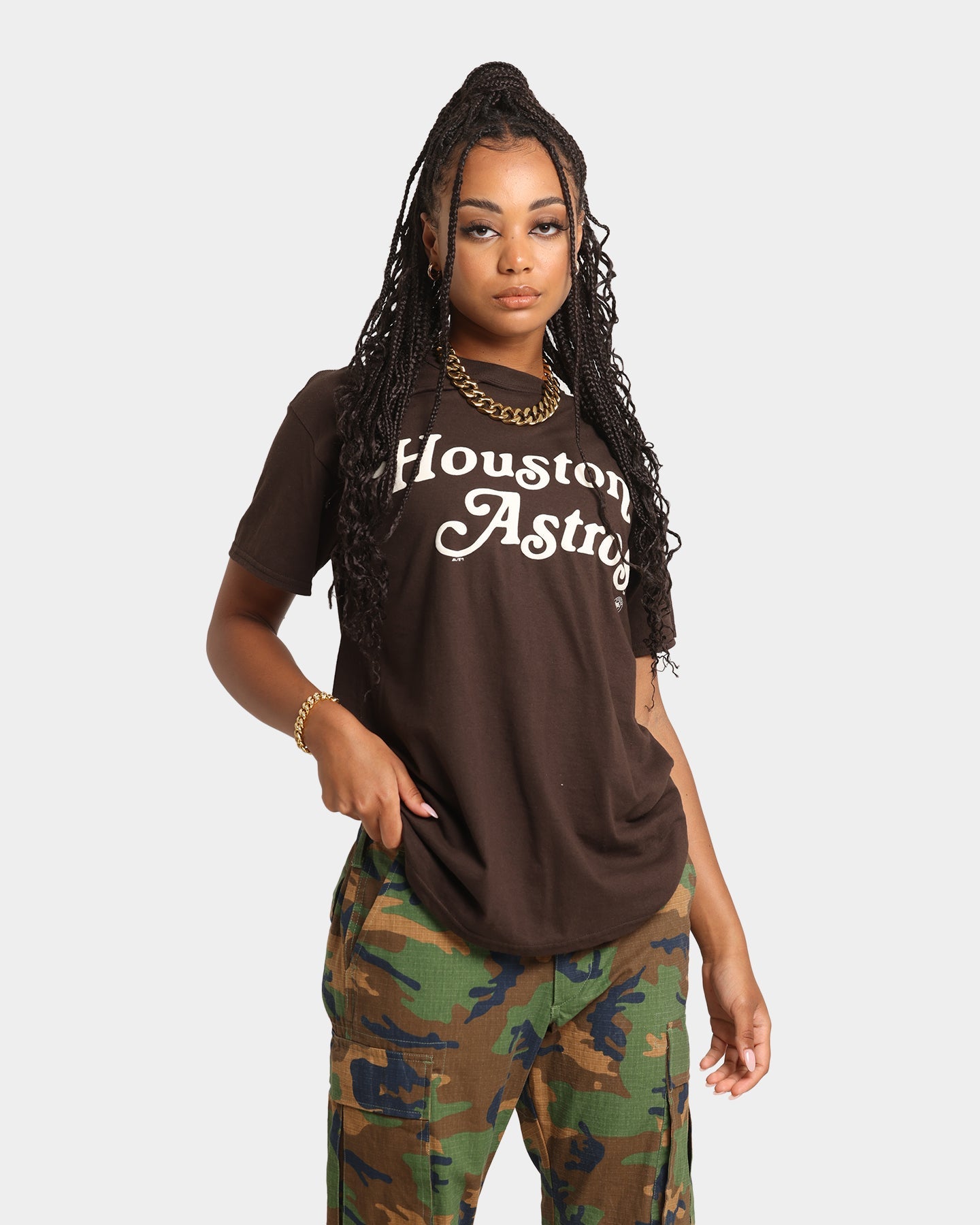 Majestic Athletic Houston Astros Team Stack Script Short Sleeve T-Shirt Dark Chocolate Style001