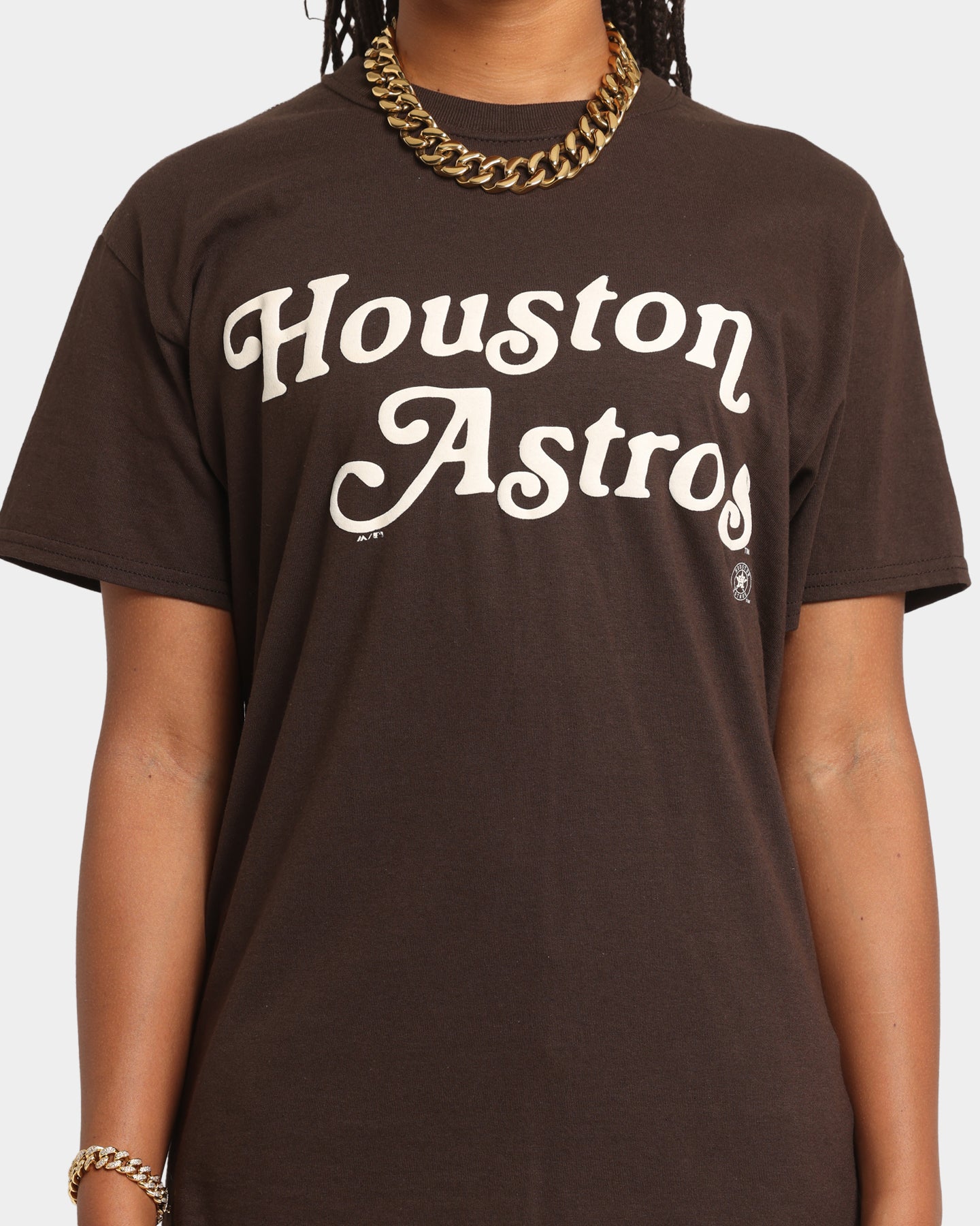 Majestic Athletic Houston Astros Team Stack Script Short Sleeve T-Shirt Dark Chocolate Style001