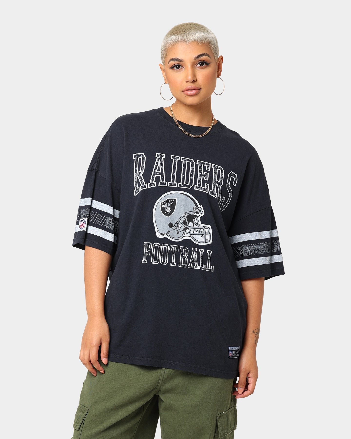 Majestic Athletic Las Vegas Raiders Stripe Vintage T-Shirt Faded Black Style001