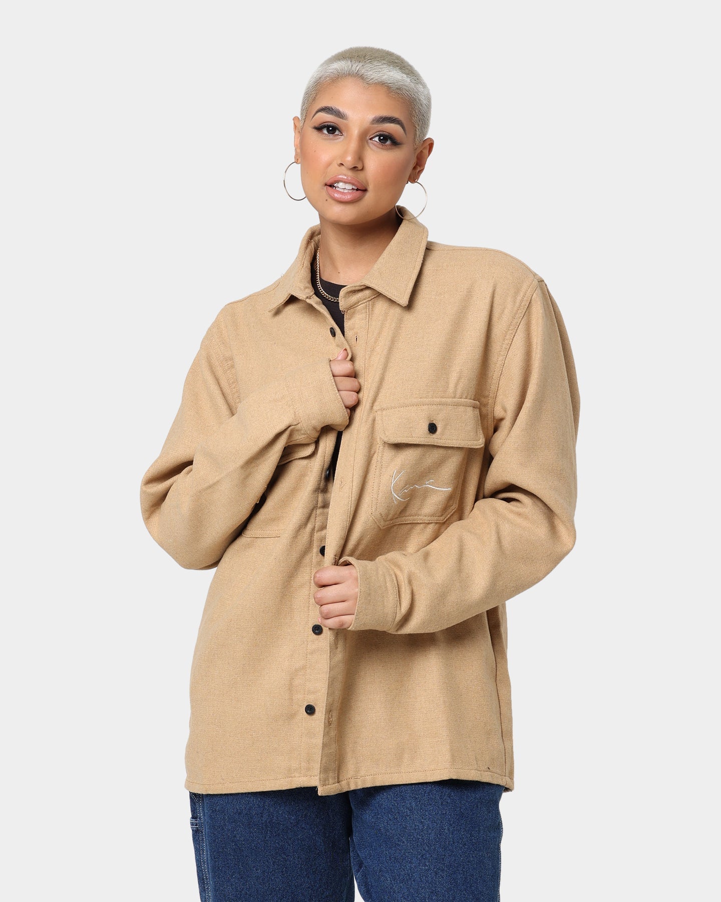 Karl Kani Chest Signature Wool Blend Shirt Sand Style001