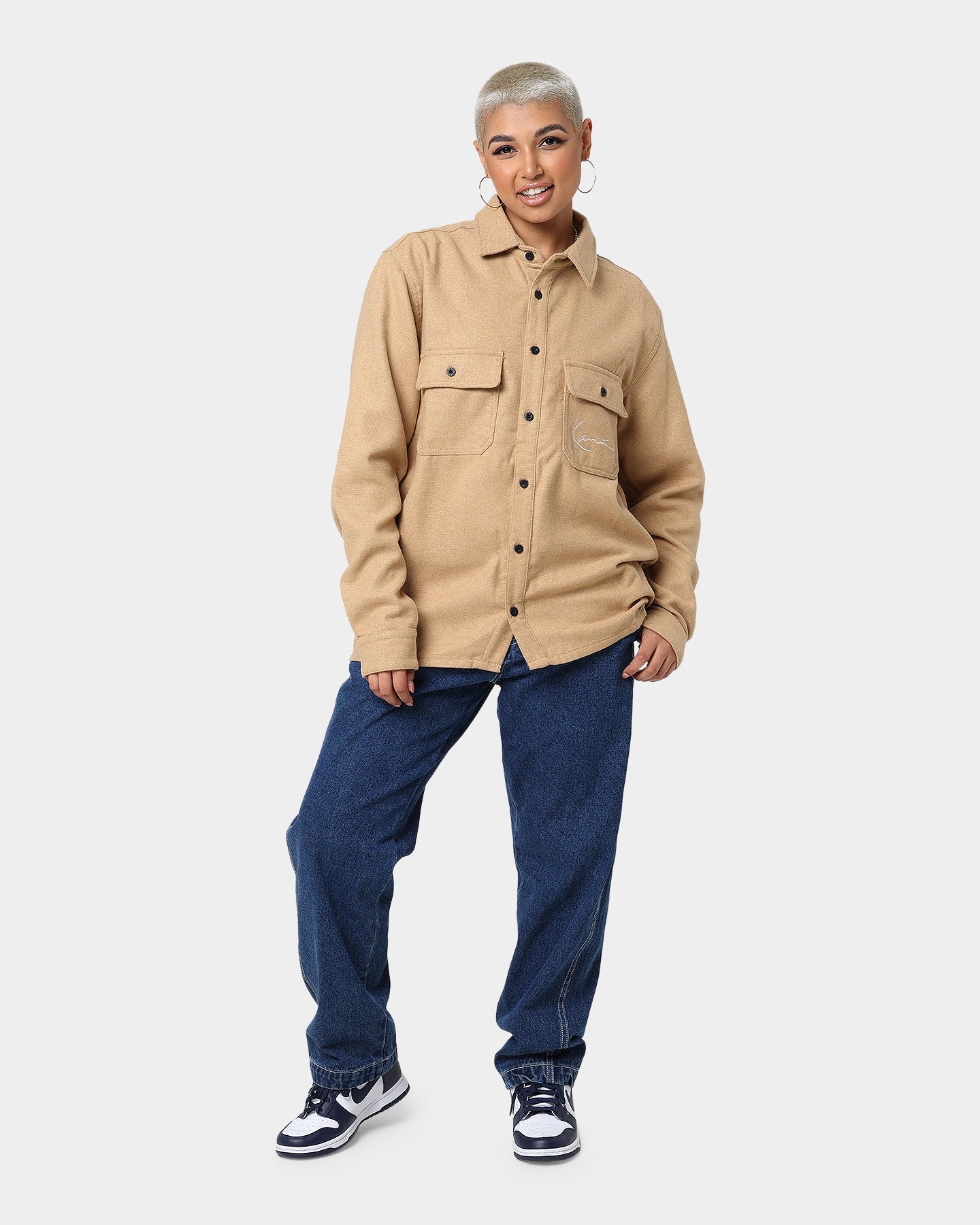 Karl Kani Chest Signature Wool Blend Shirt Sand Style001