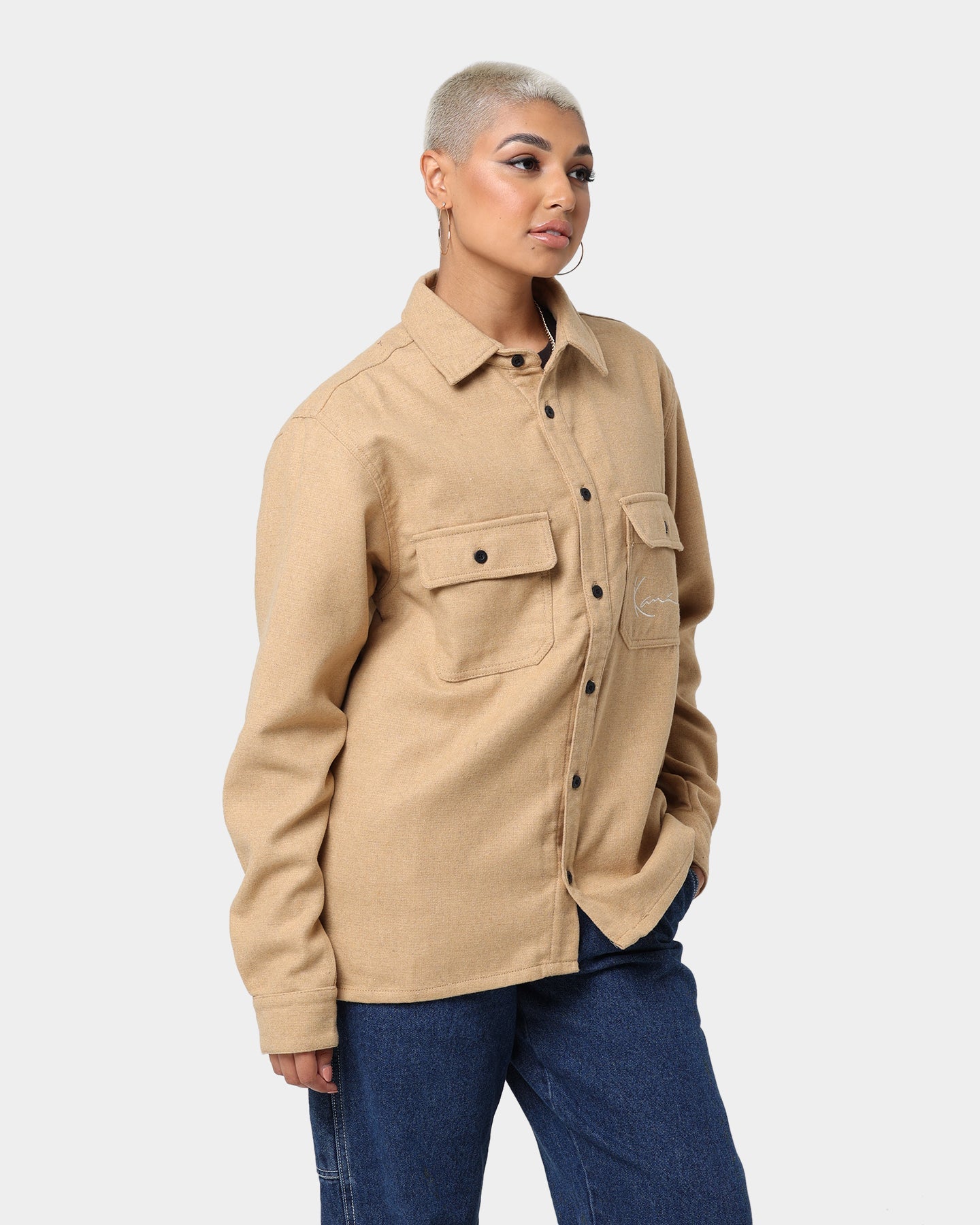 Karl Kani Chest Signature Wool Blend Shirt Sand Style001
