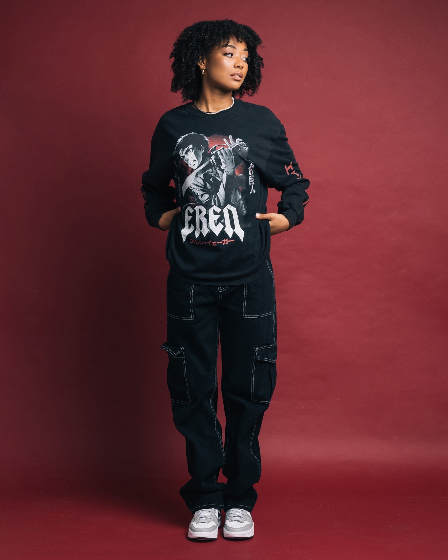 Goat Crew X Attack On Titan Eren Long Sleeve Vintage T-Shirt Black Wash Style001