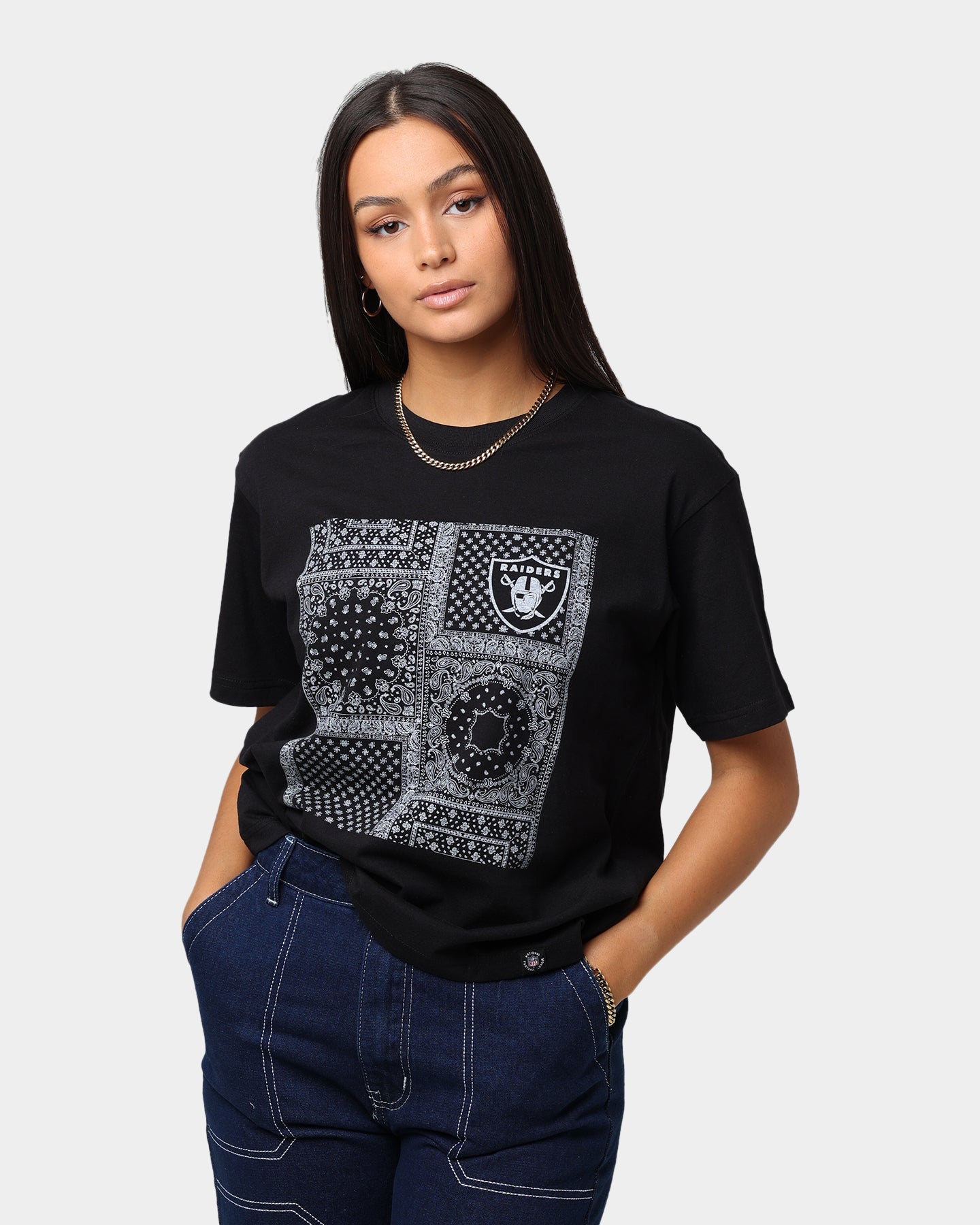 Majestic Athletic Women's Las Vegas Raiders Paisley Panel Print T-Shirt Black
