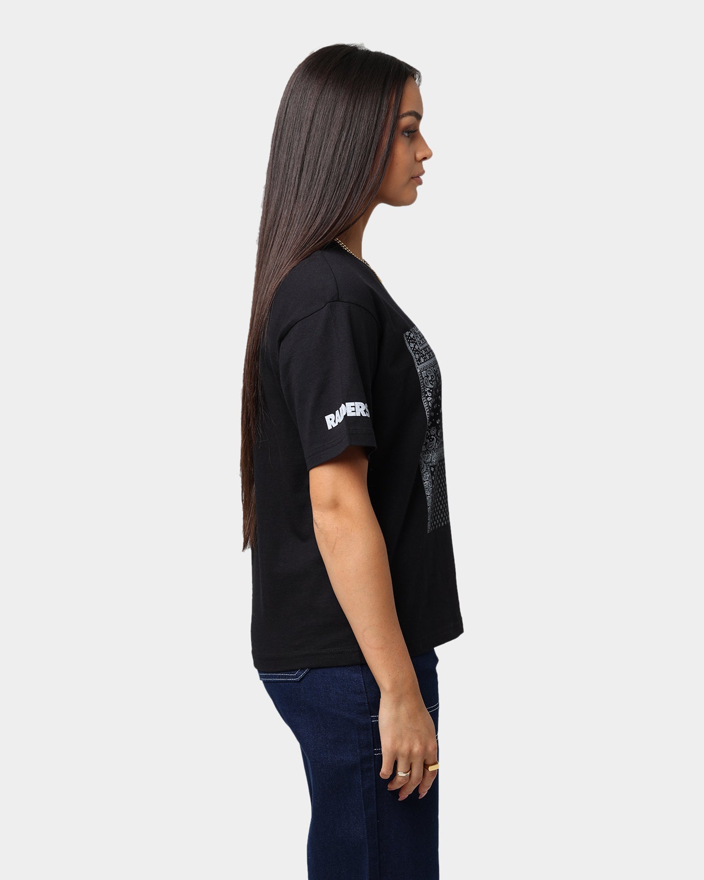 Majestic Athletic Women's Las Vegas Raiders Paisley Panel Print T-Shirt Black