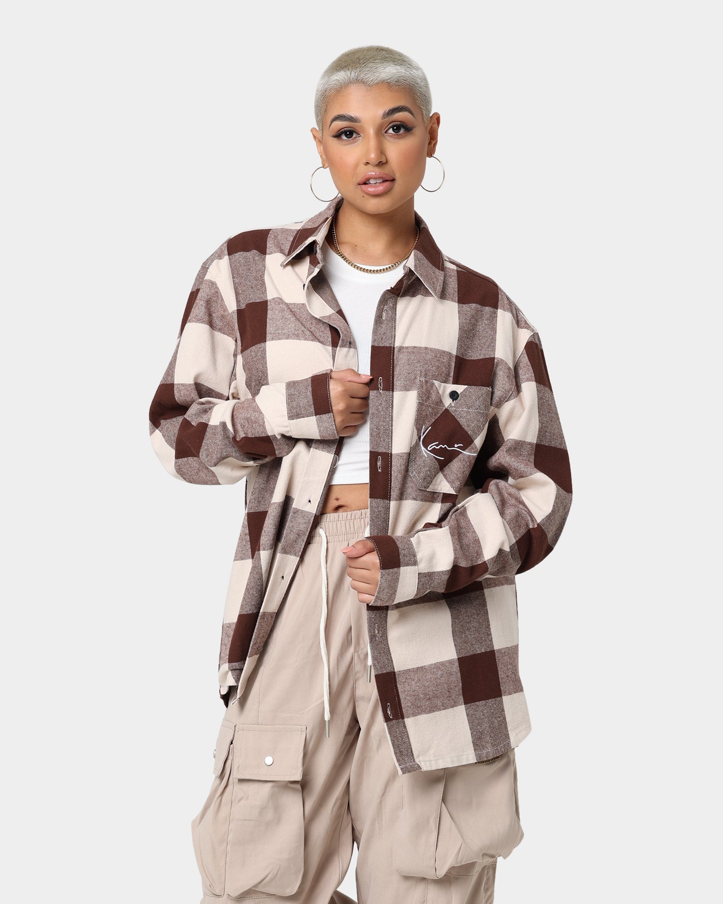 Karl Kani Chest Signature Flannel Shirt Cream Style001