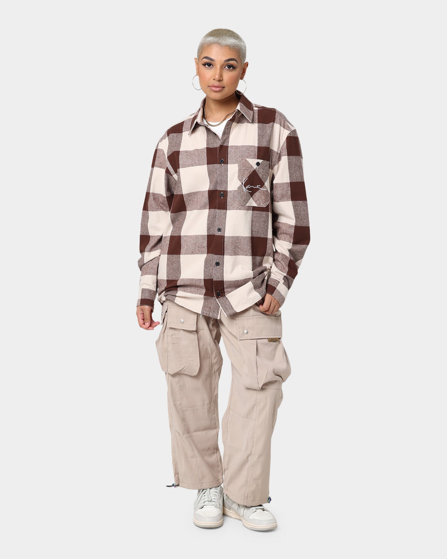 Karl Kani Chest Signature Flannel Shirt Cream Style001