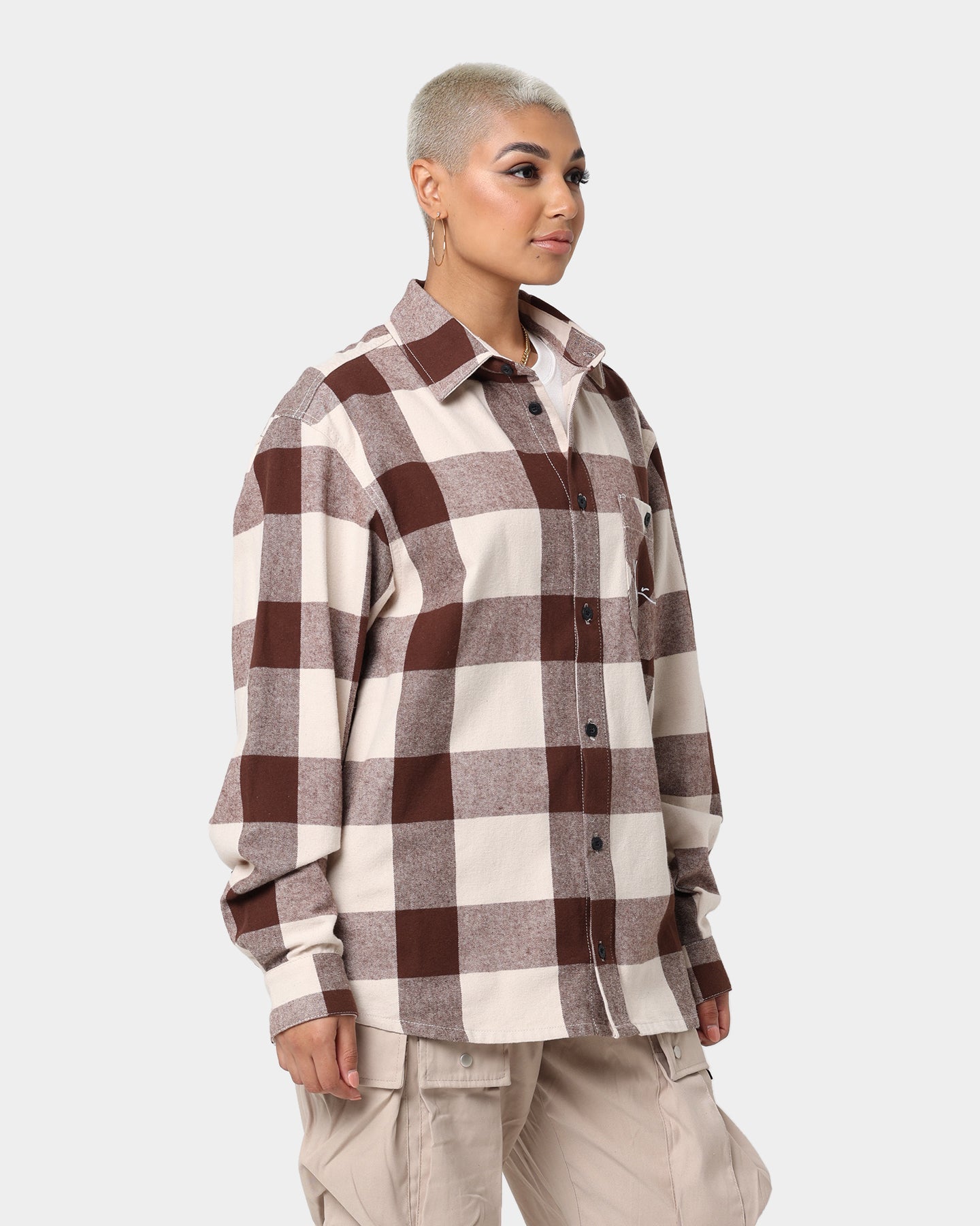 Karl Kani Chest Signature Flannel Shirt Cream Style001