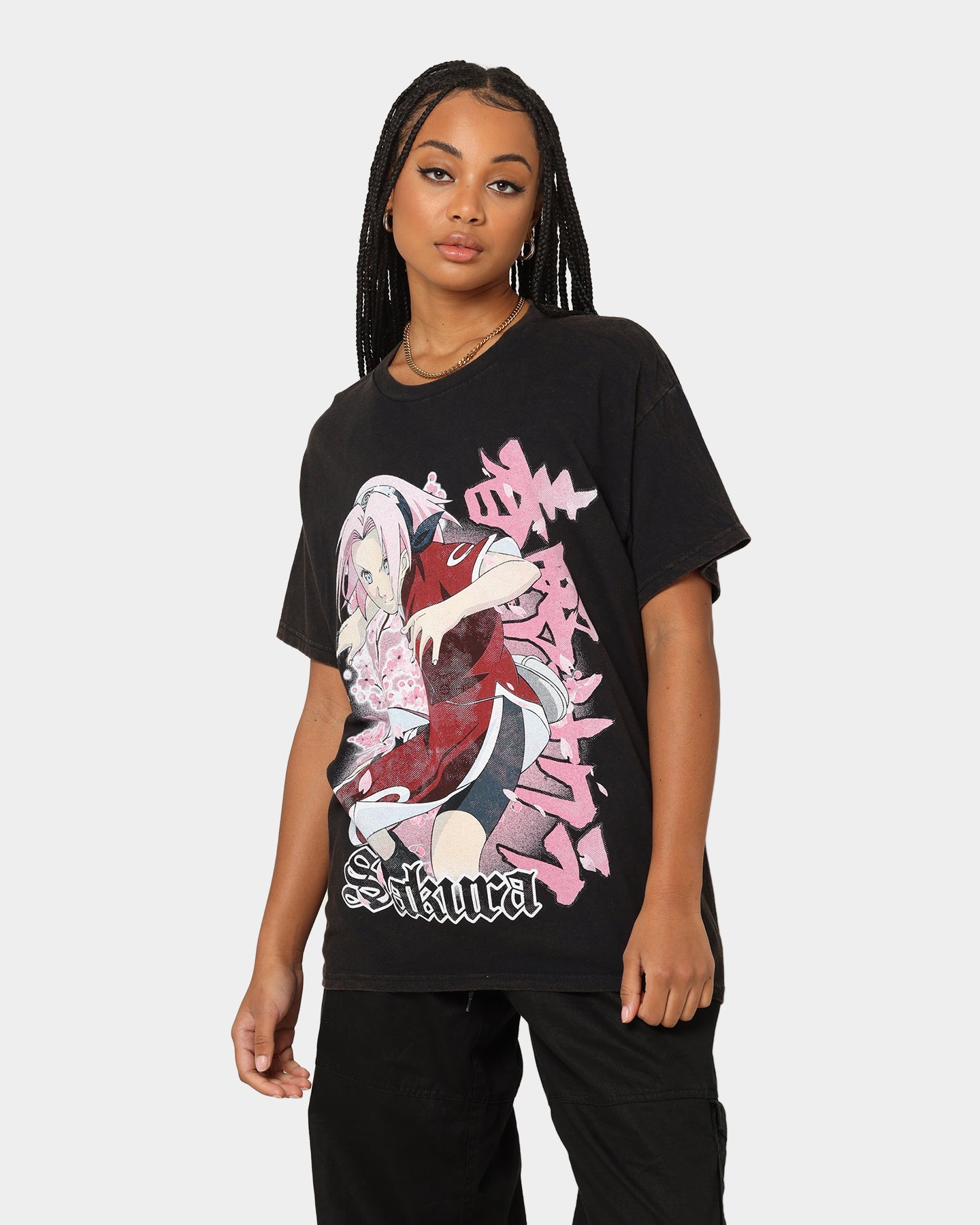 Goat Crew X Naruto Sakura CLR Vintage T-Shirt Washed Black Style001