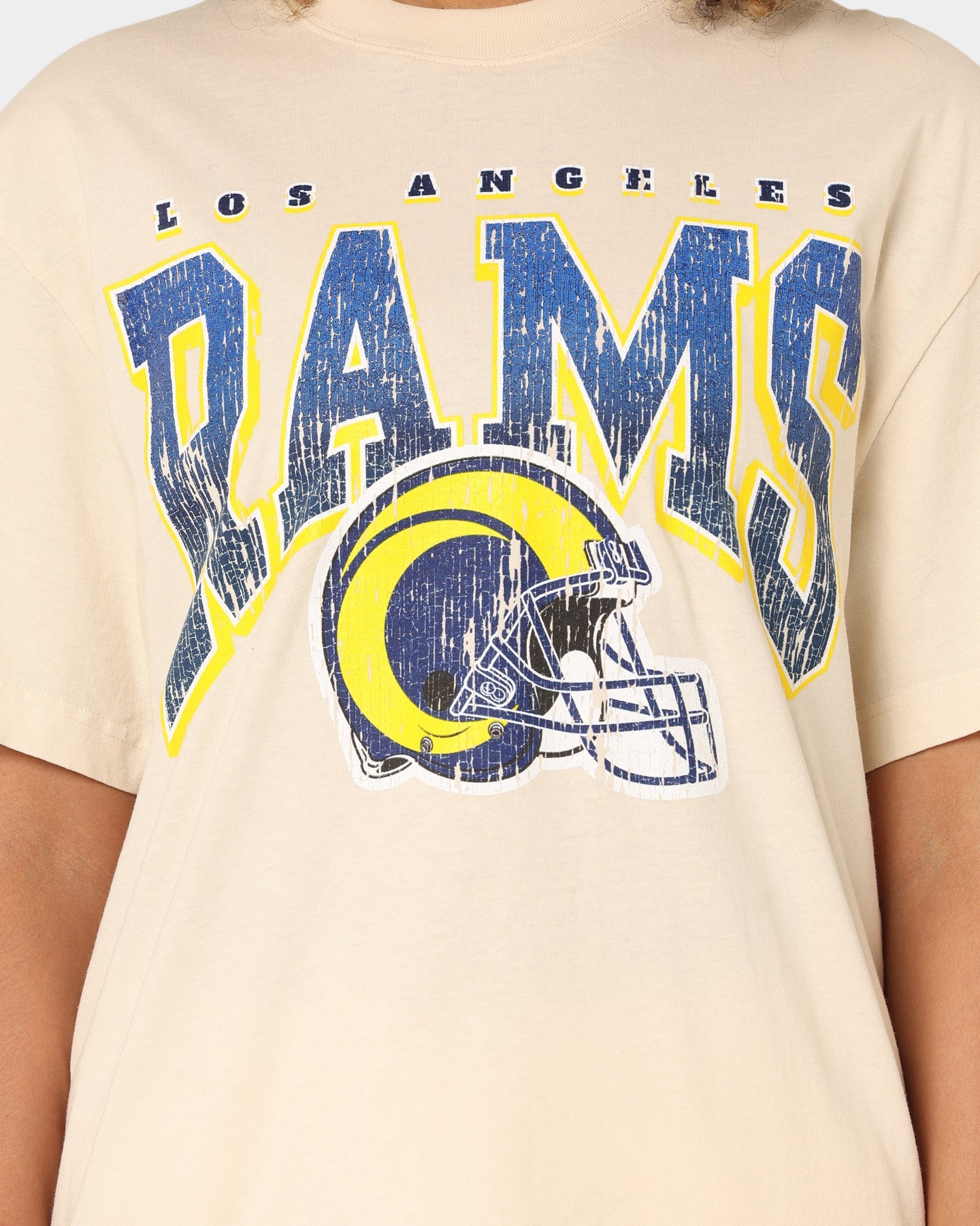 Majestic Athletic Los Angeles Rams Helmet Arch T-Shirt Sand Style001
