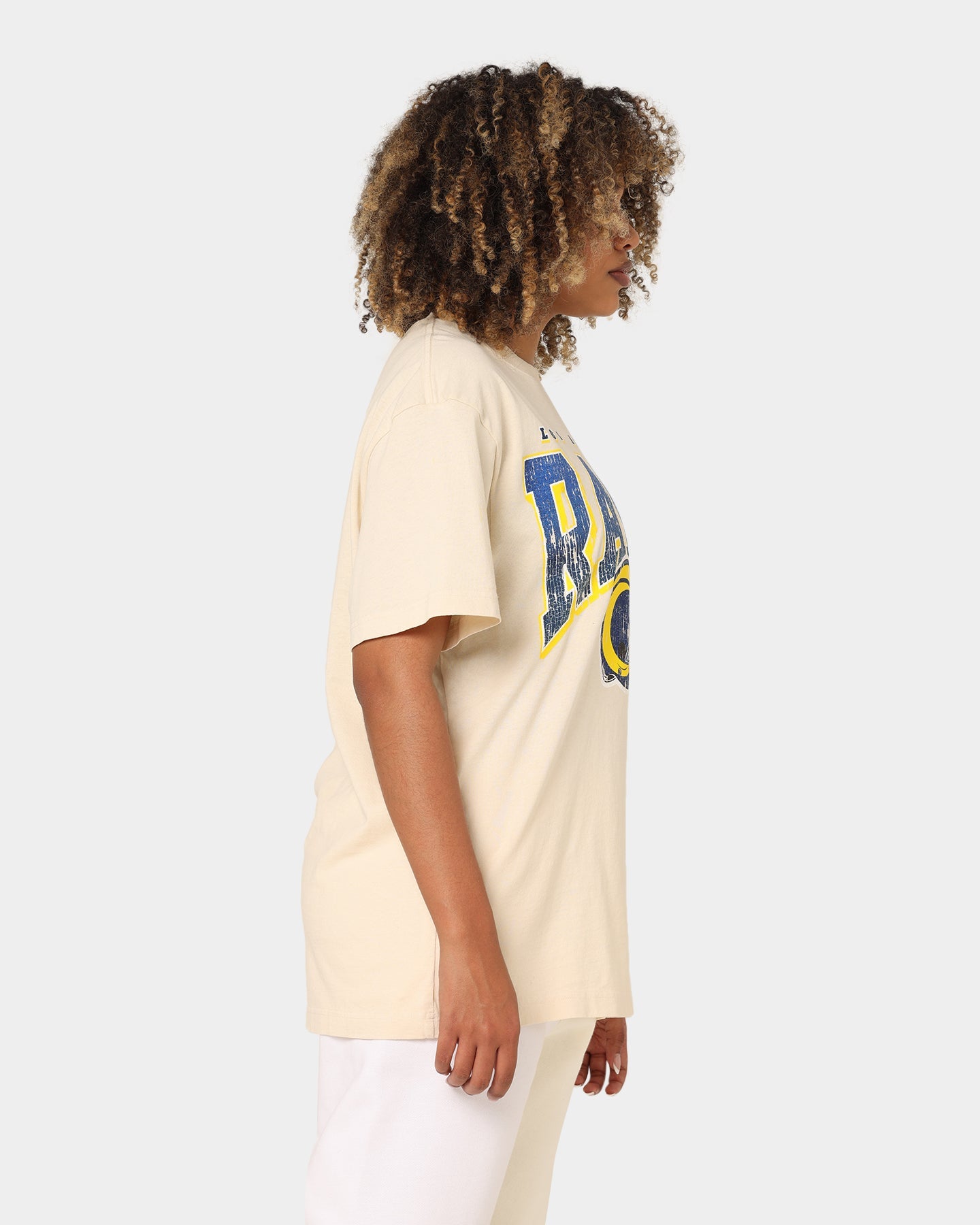 Majestic Athletic Los Angeles Rams Helmet Arch T-Shirt Sand Style001