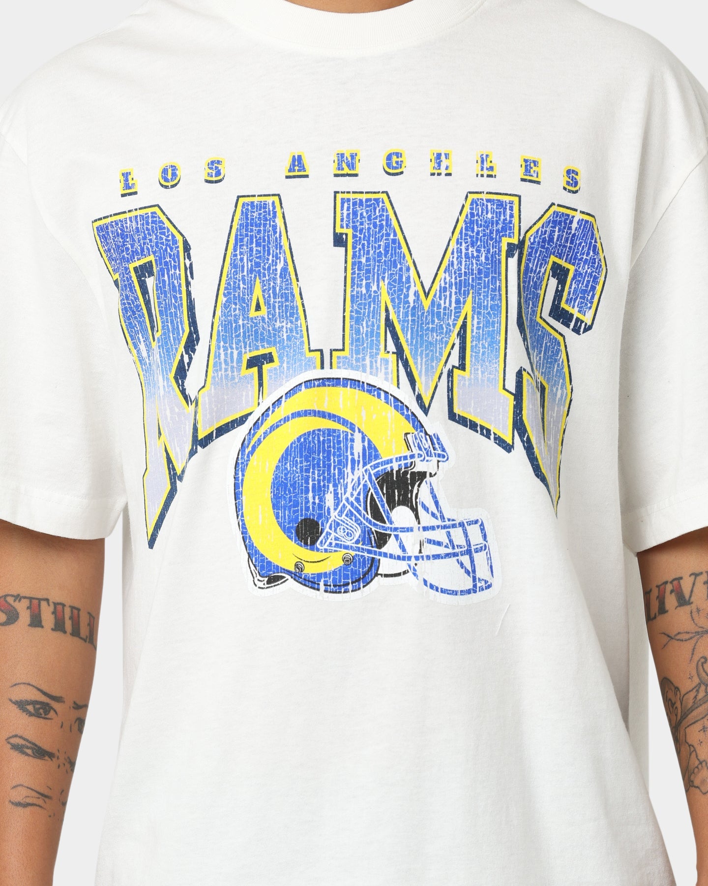 Majestic Athletic Los Angeles Rams Helmet Arch T-Shirt Vintage White