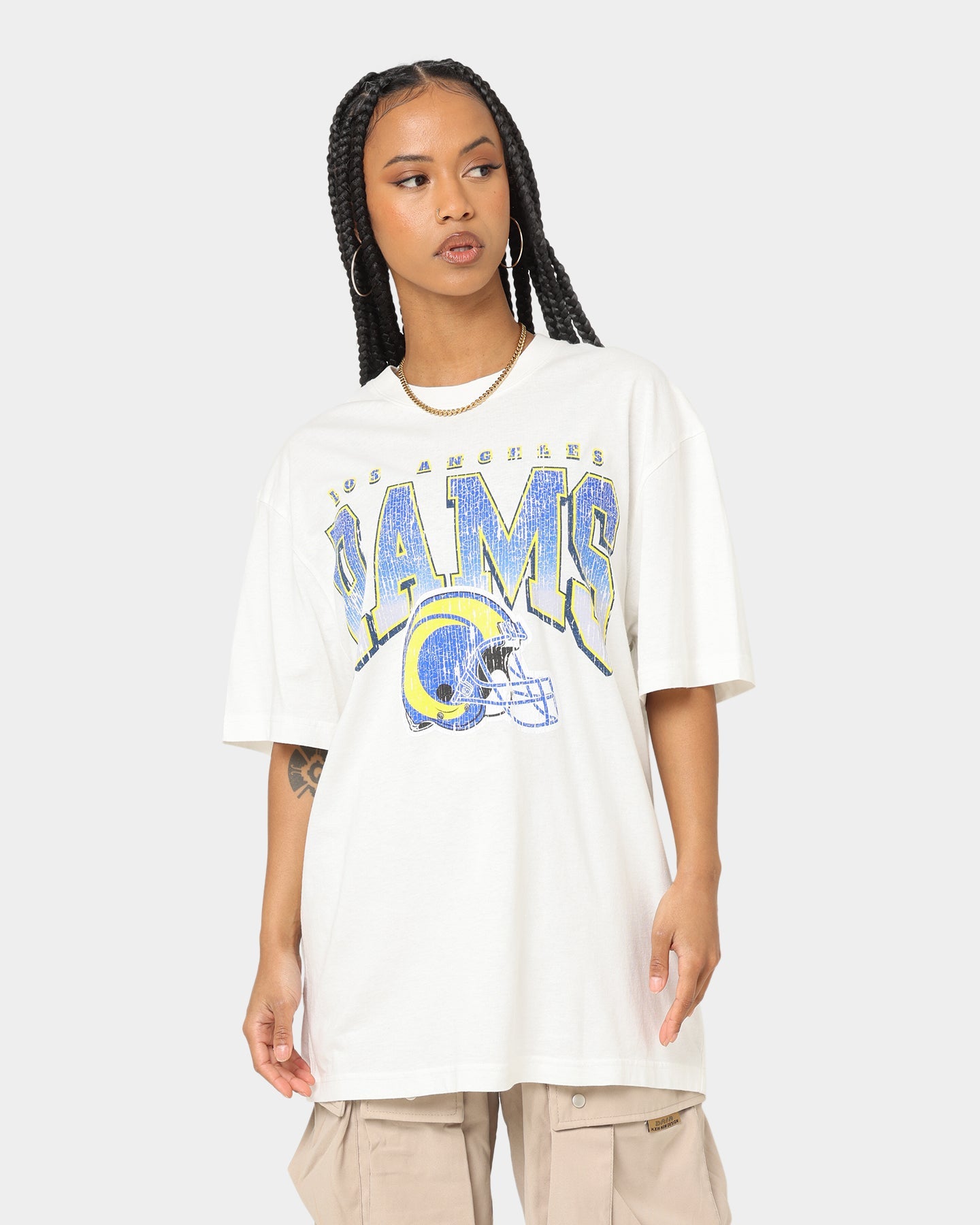 Majestic Athletic Los Angeles Rams Helmet Arch T-Shirt Vintage White Style001
