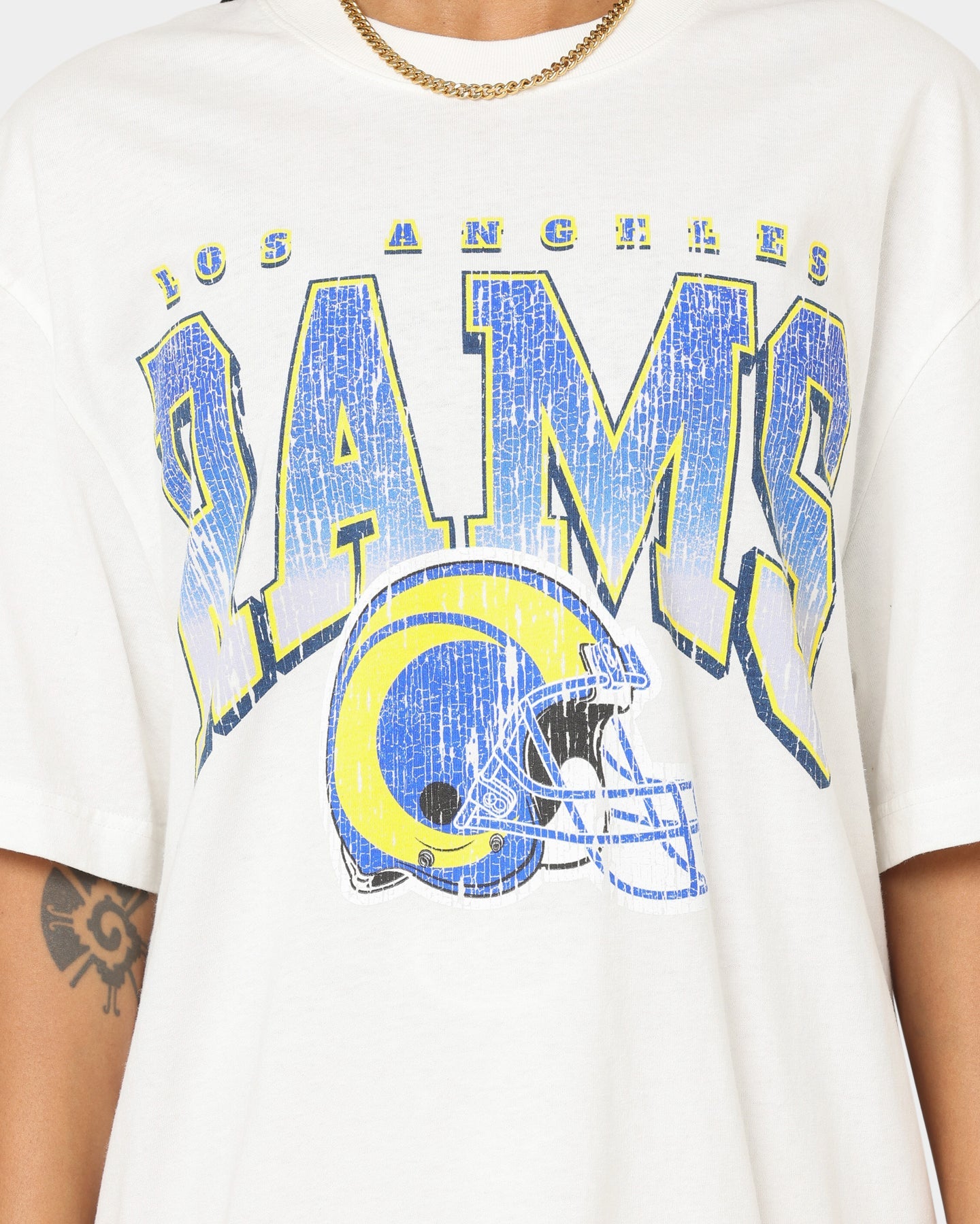 Majestic Athletic Los Angeles Rams Helmet Arch T-Shirt Vintage White Style001