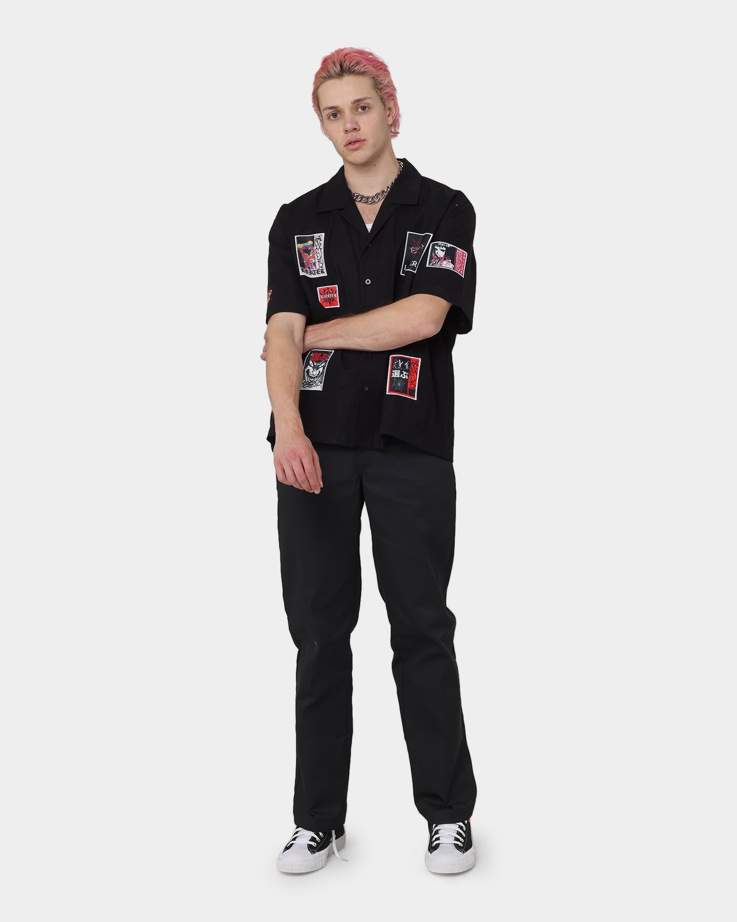 Loiter Patchwork Button Up Shirt Black