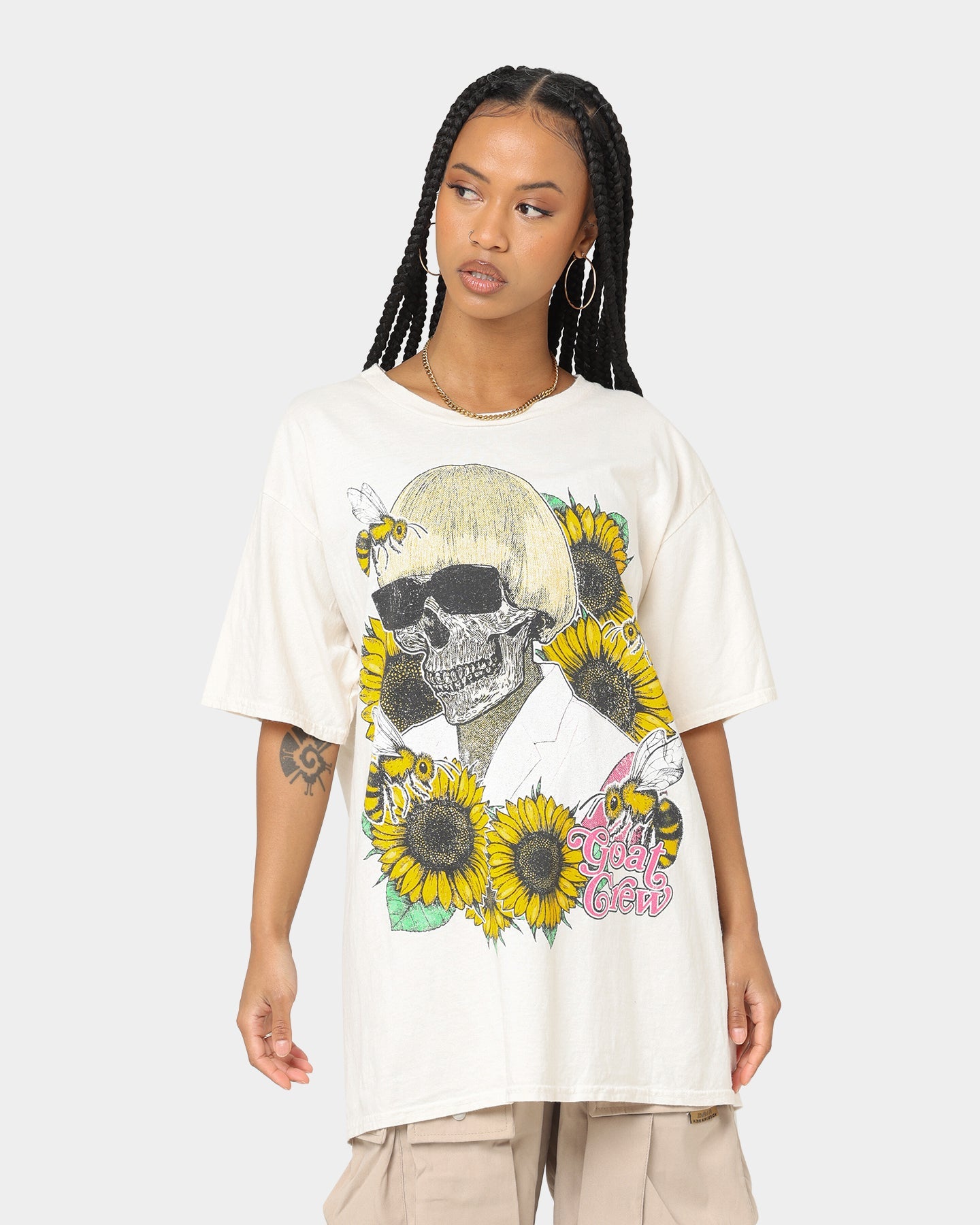 Goat Crew Flower Skull T-Shirt Off White Style001