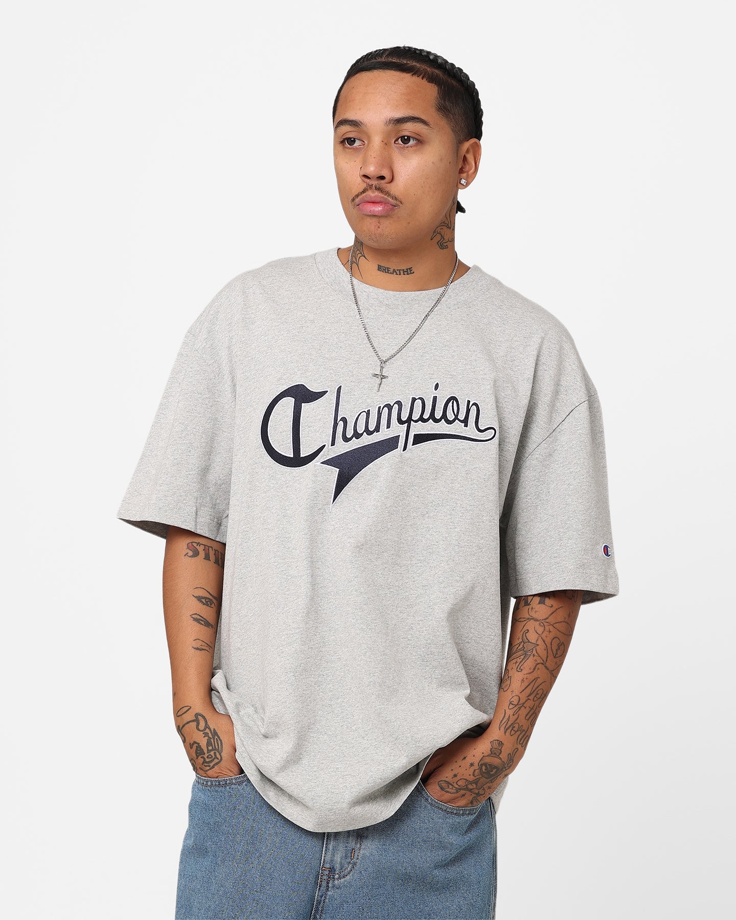 Champion Heritage Collegiate Cursive Logo T-Shirt Oxford Heather