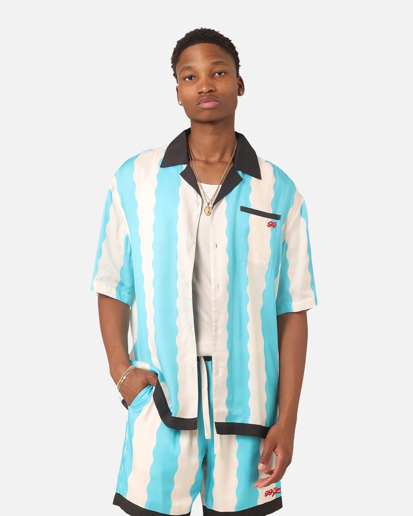 99 Cabana Bowling Short Sleeve Button Up Shirt Light Blue/Off White