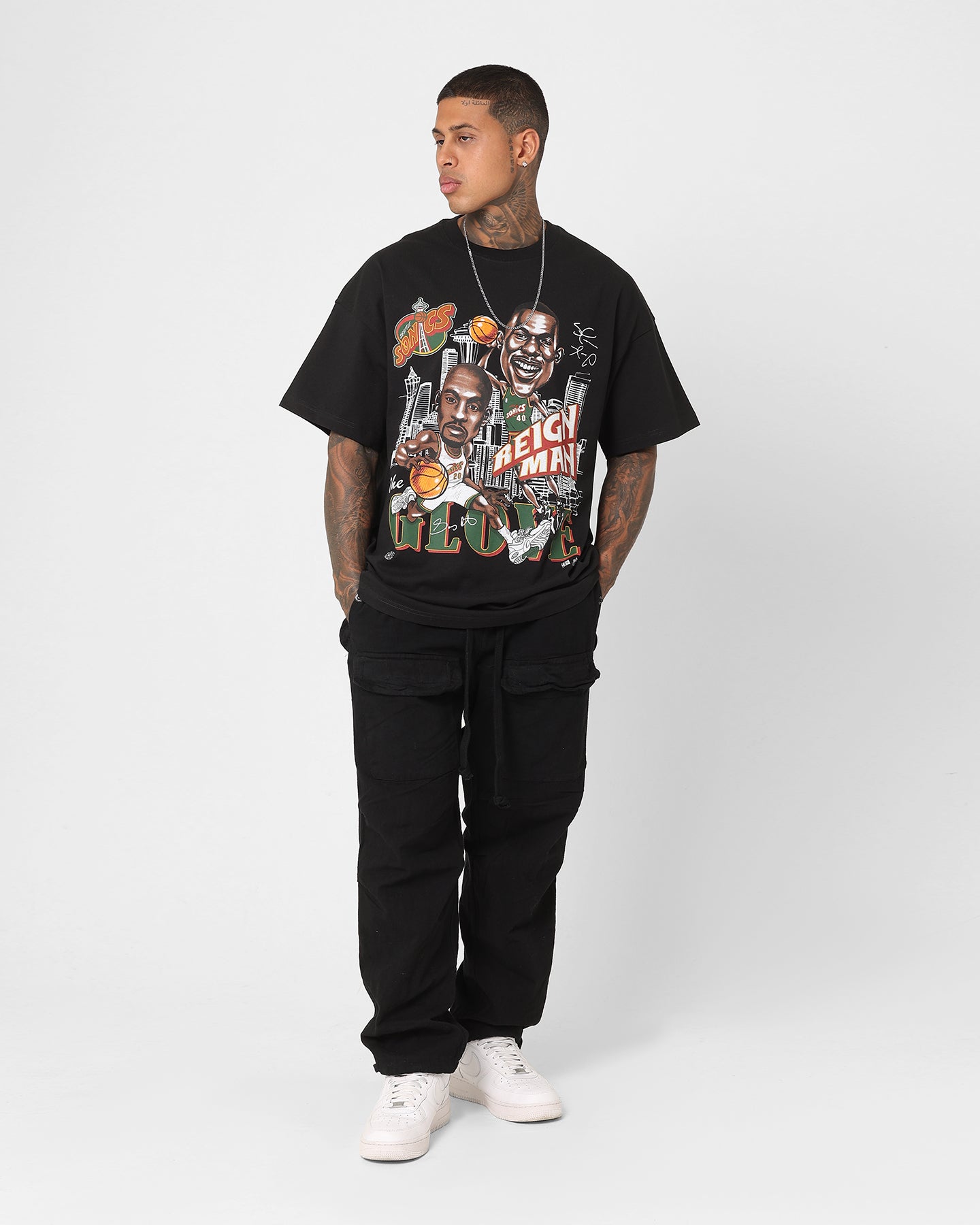 Mitchell & Ness Seattle Supersonics Gary Payton and Shawn Kemp Caricature T-Shirt Faded Black