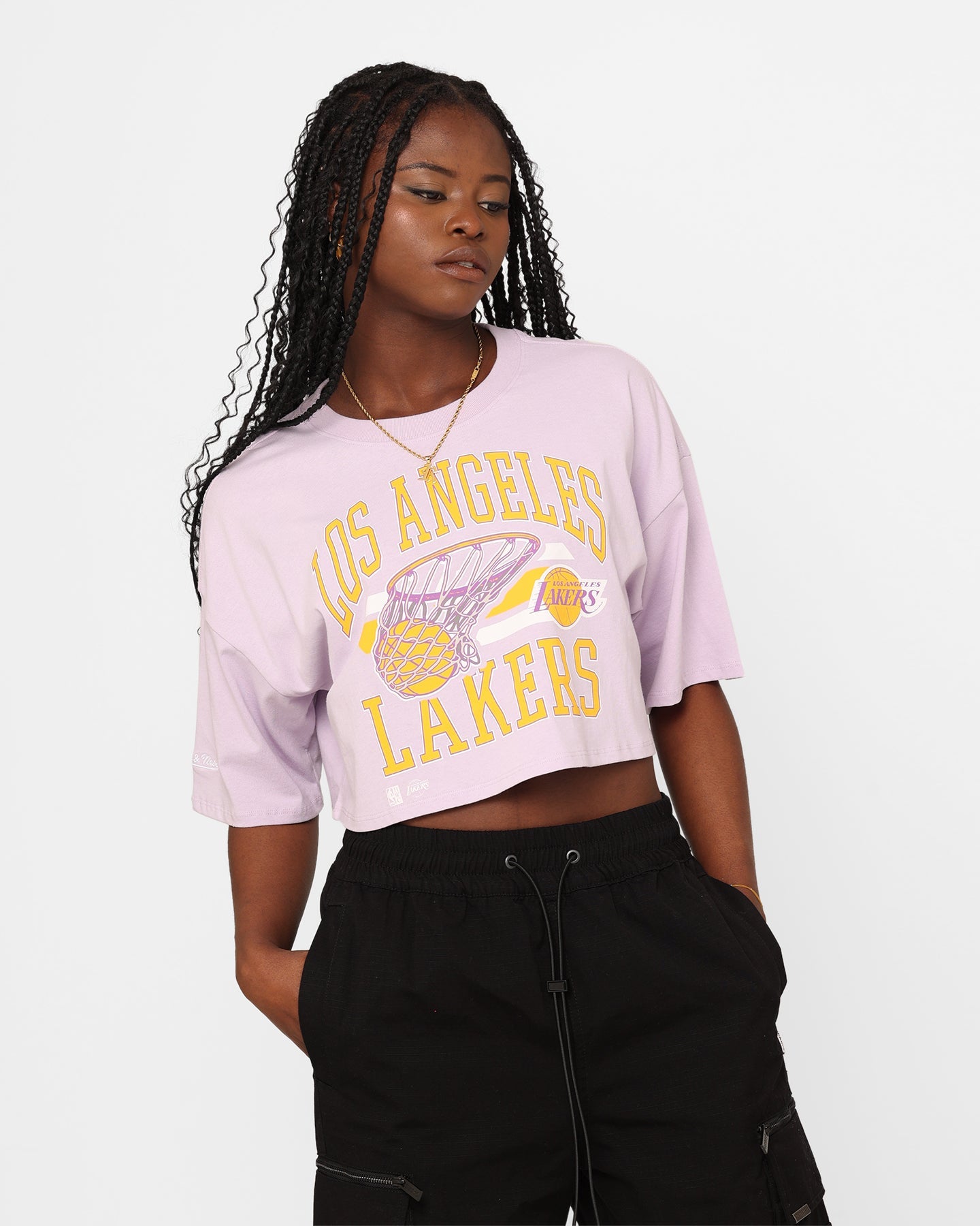 Mitchell & Ness Women's Los Angeles Lakers Dunk Arch Cut Off Crop T-Shirt Lavender