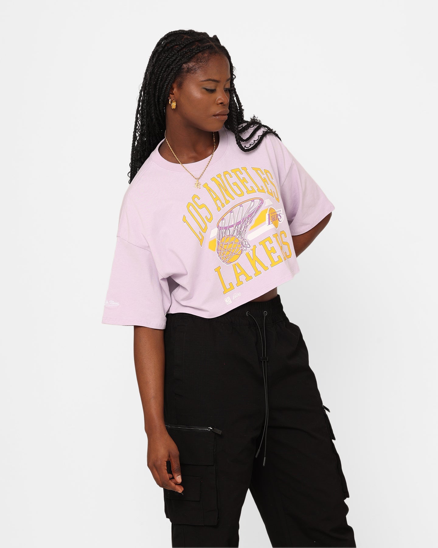 Mitchell & Ness Women's Los Angeles Lakers Dunk Arch Cut Off Crop T-Shirt Lavender