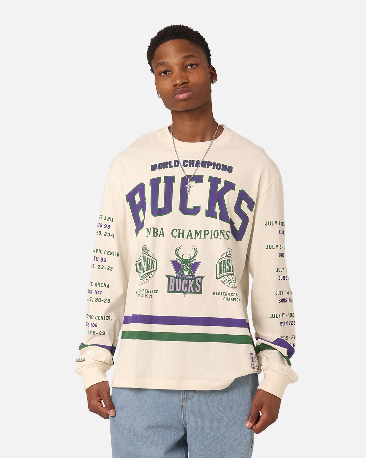 Mitchell & Ness Milwaukee Bucks 2 Time Champs Long Sleeve T-Shirt Unbleached