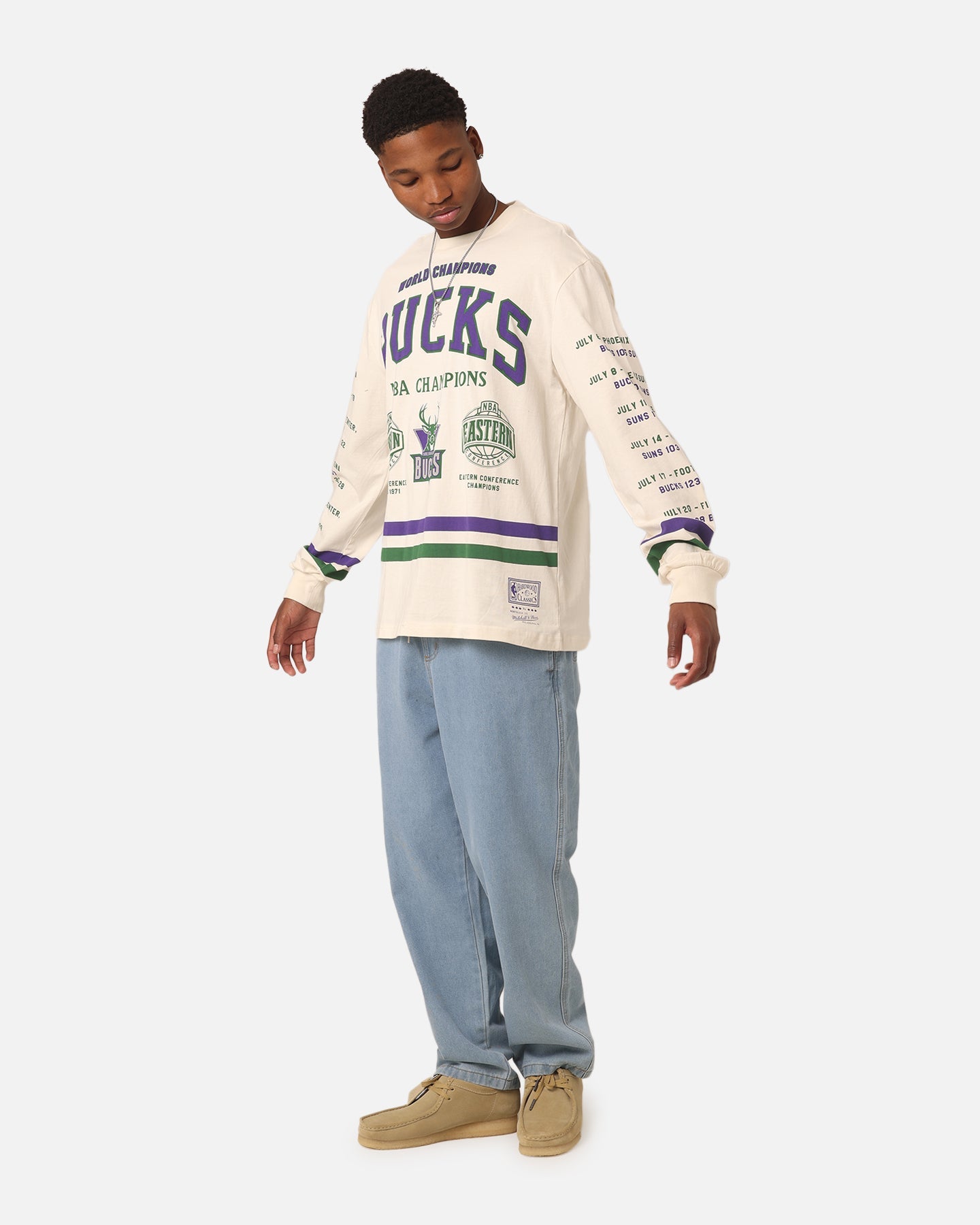 Mitchell & Ness Milwaukee Bucks 2 Time Champs Long Sleeve T-Shirt Unbleached