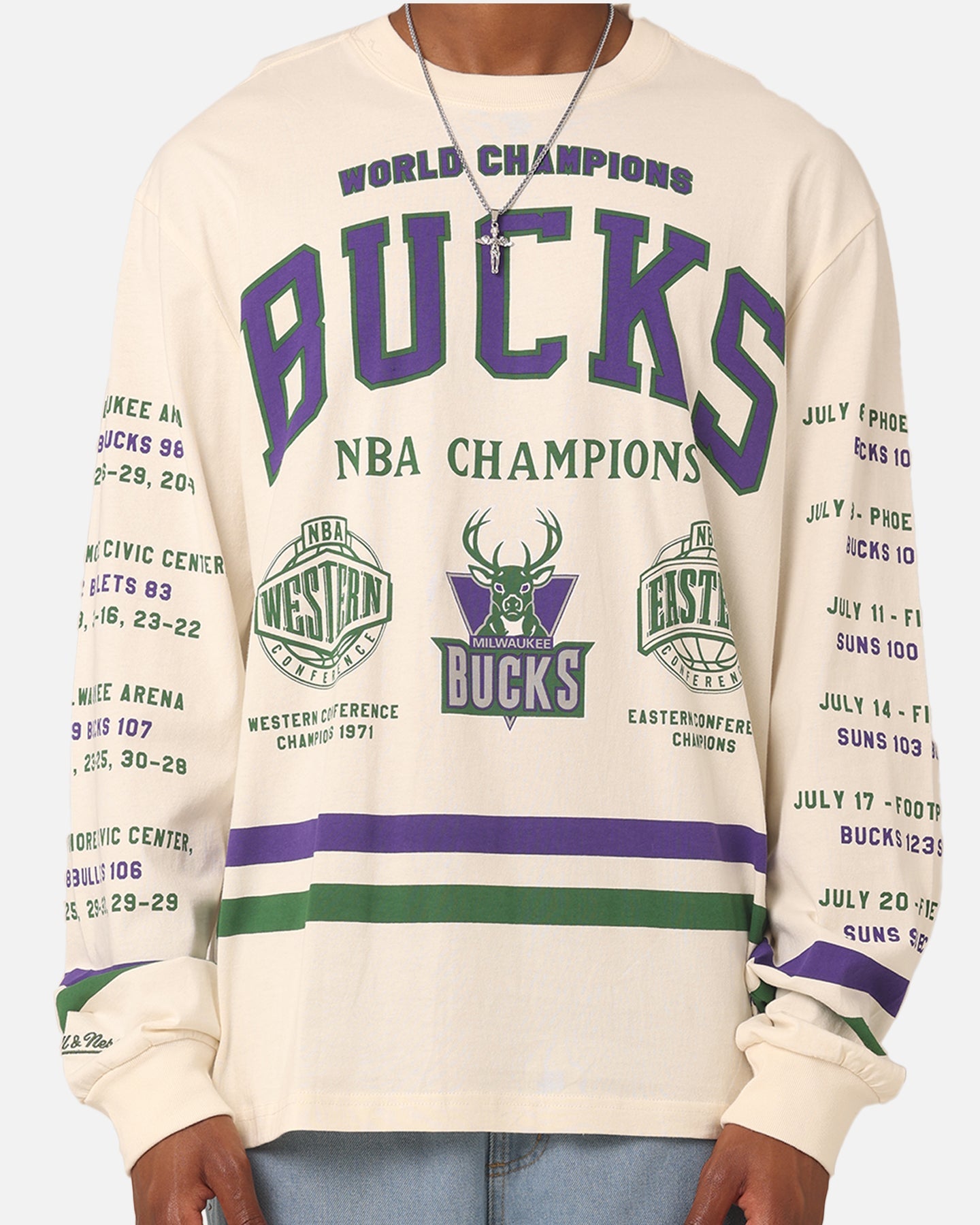 Mitchell & Ness Milwaukee Bucks 2 Time Champs Long Sleeve T-Shirt Unbleached