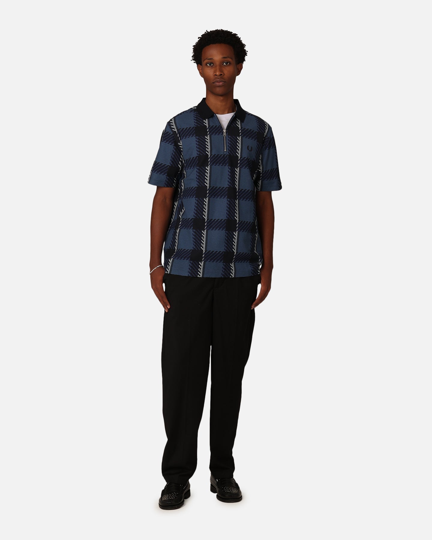 Fred Perry Glitch Tartan Zip Neck Polo Shirt Midnight Blue
