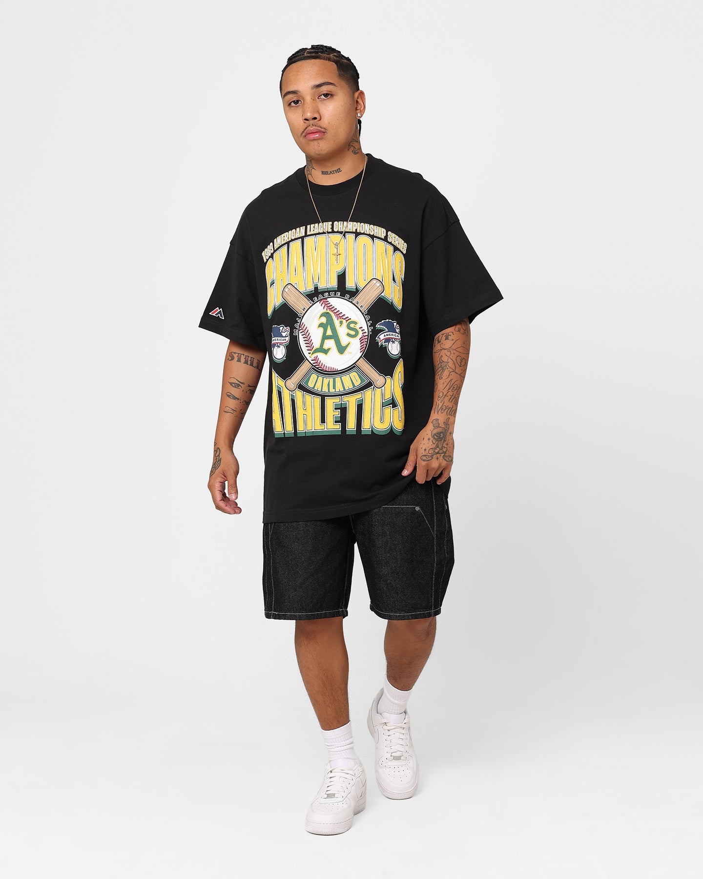Majestic Athletic Oakland Athletics League Champs Boxy Oversized T-Shirt Faded Black