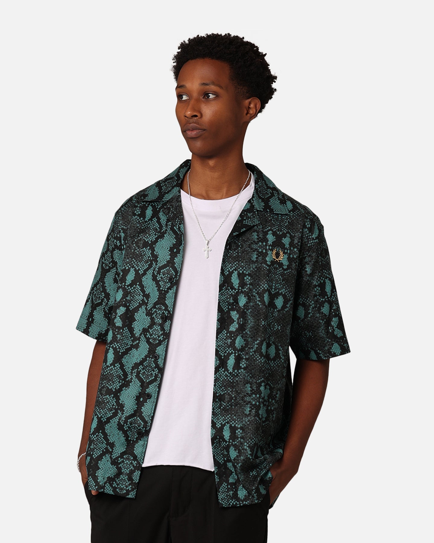 Fred Perry Snake Print Revere Collared Shirt Deep Mint