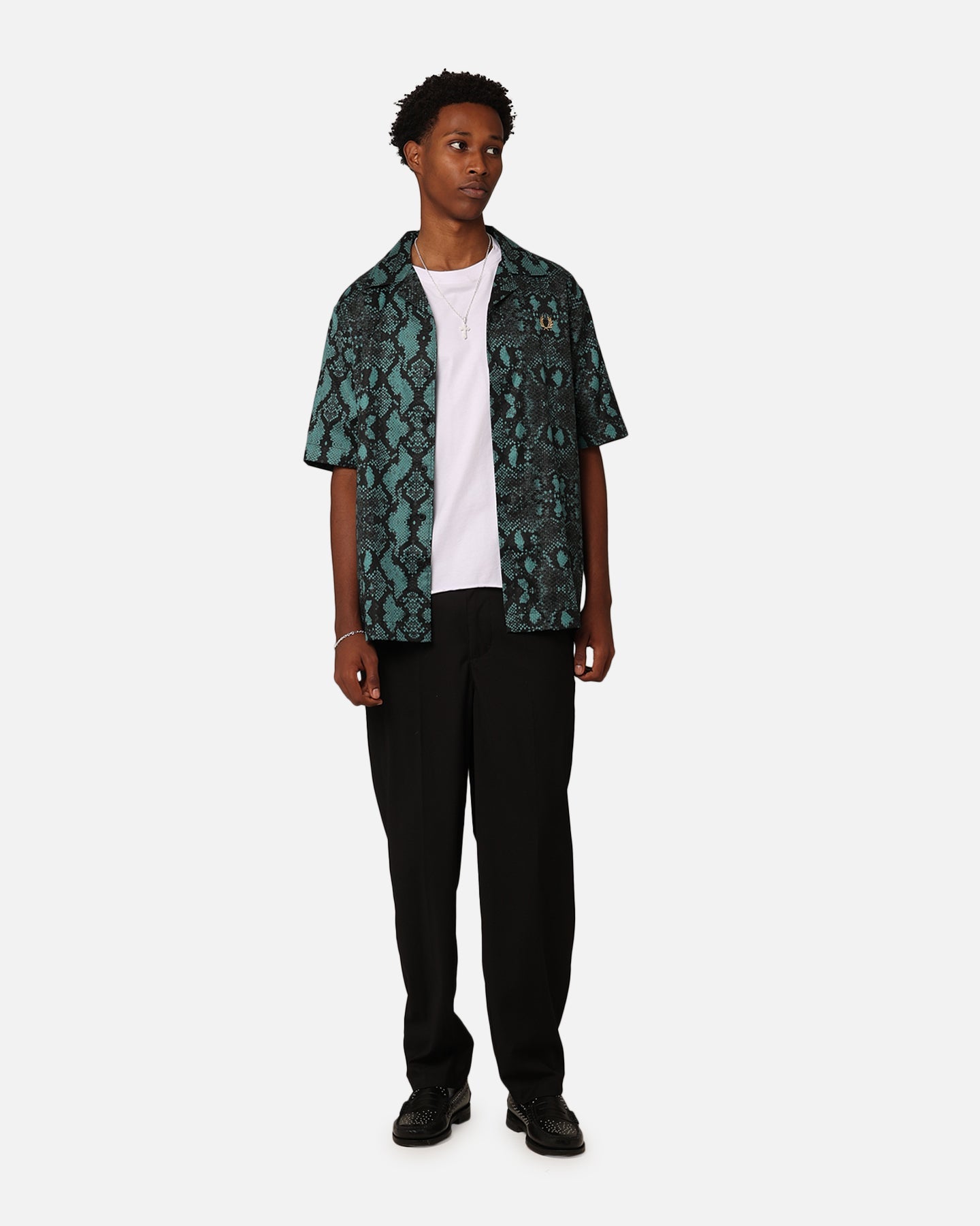 Fred Perry Snake Print Revere Collared Shirt Deep Mint