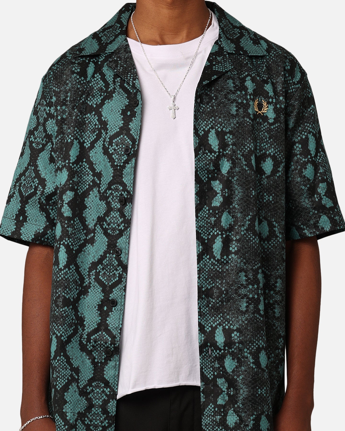 Fred Perry Snake Print Revere Collared Shirt Deep Mint