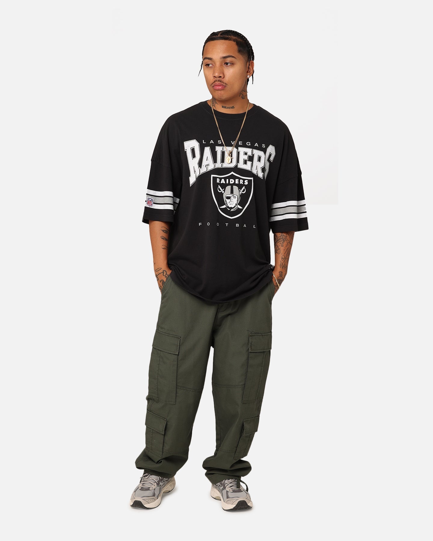 Majestic Athletic Las Vegas Raiders Vintage Sport Striped Sleeve T-Shirt Faded Black
