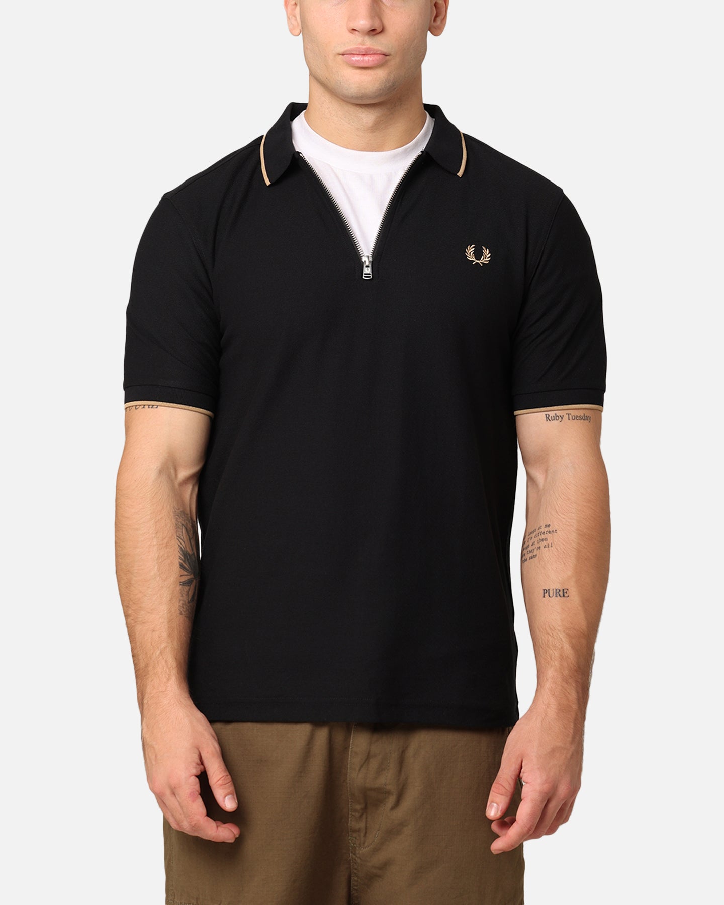 Fred Perry Crepe Pique Zip Neck Polo Shirt Black