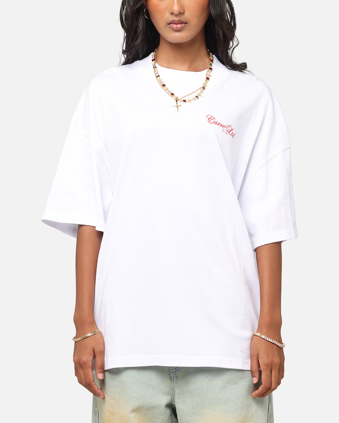 Carre Side Script Oversized T-Shirt White/Red Style001