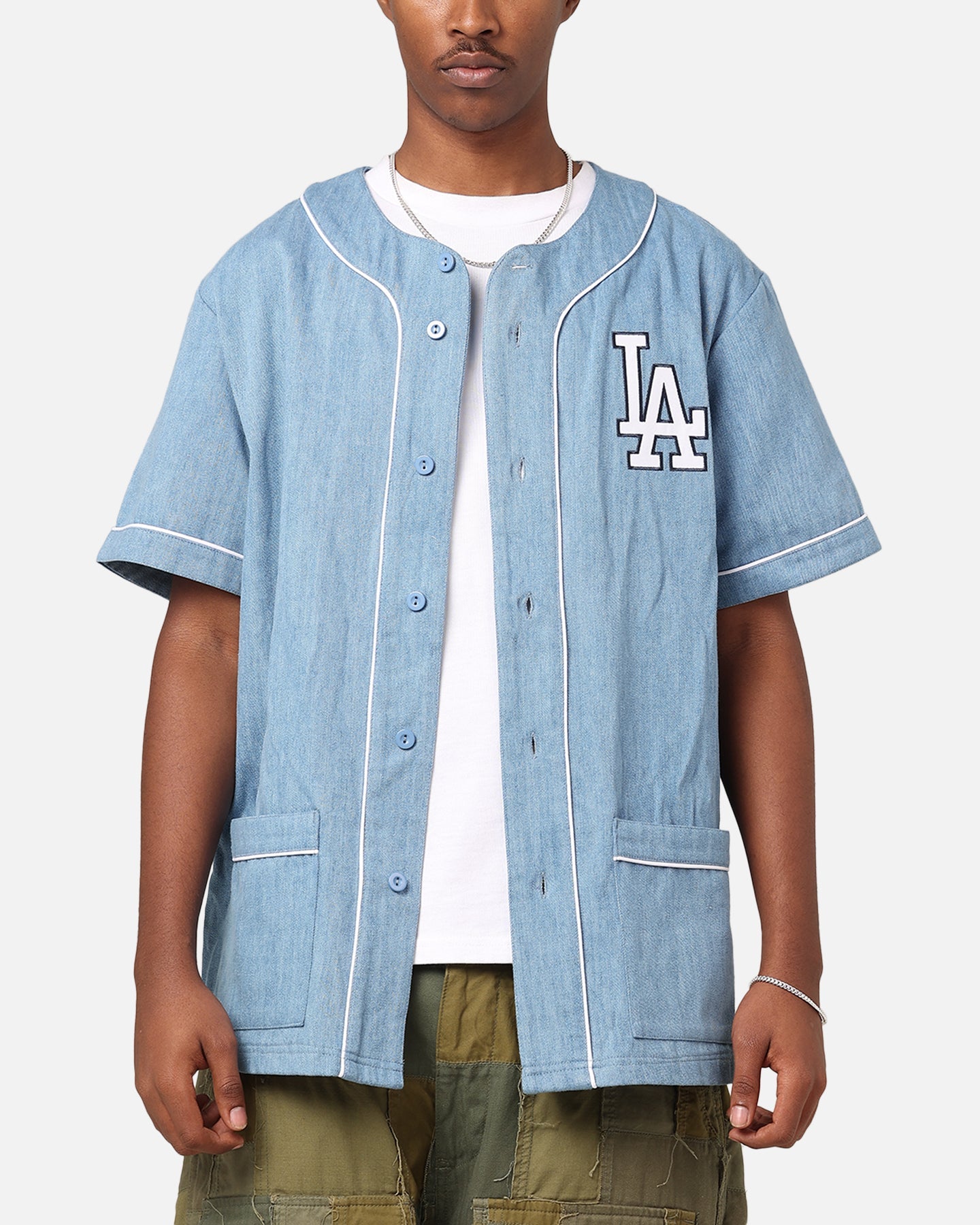 Majestic Athletic Los Angeles Dodgers Denim Button Up Shirt Washed Blue Denim