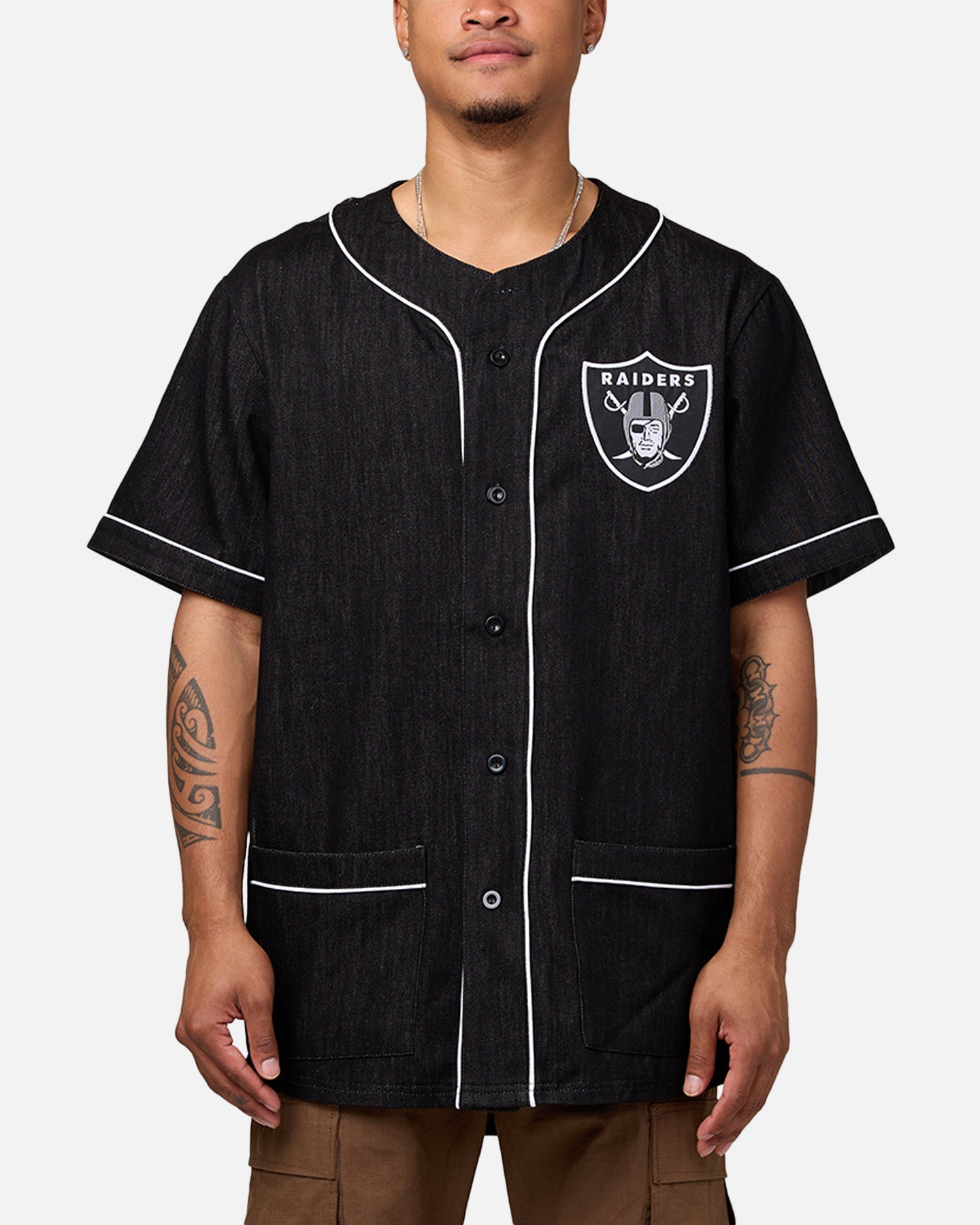 Majestic Athletic Las Vegas Raiders Denim Button Up Shirt Washed Black Denim