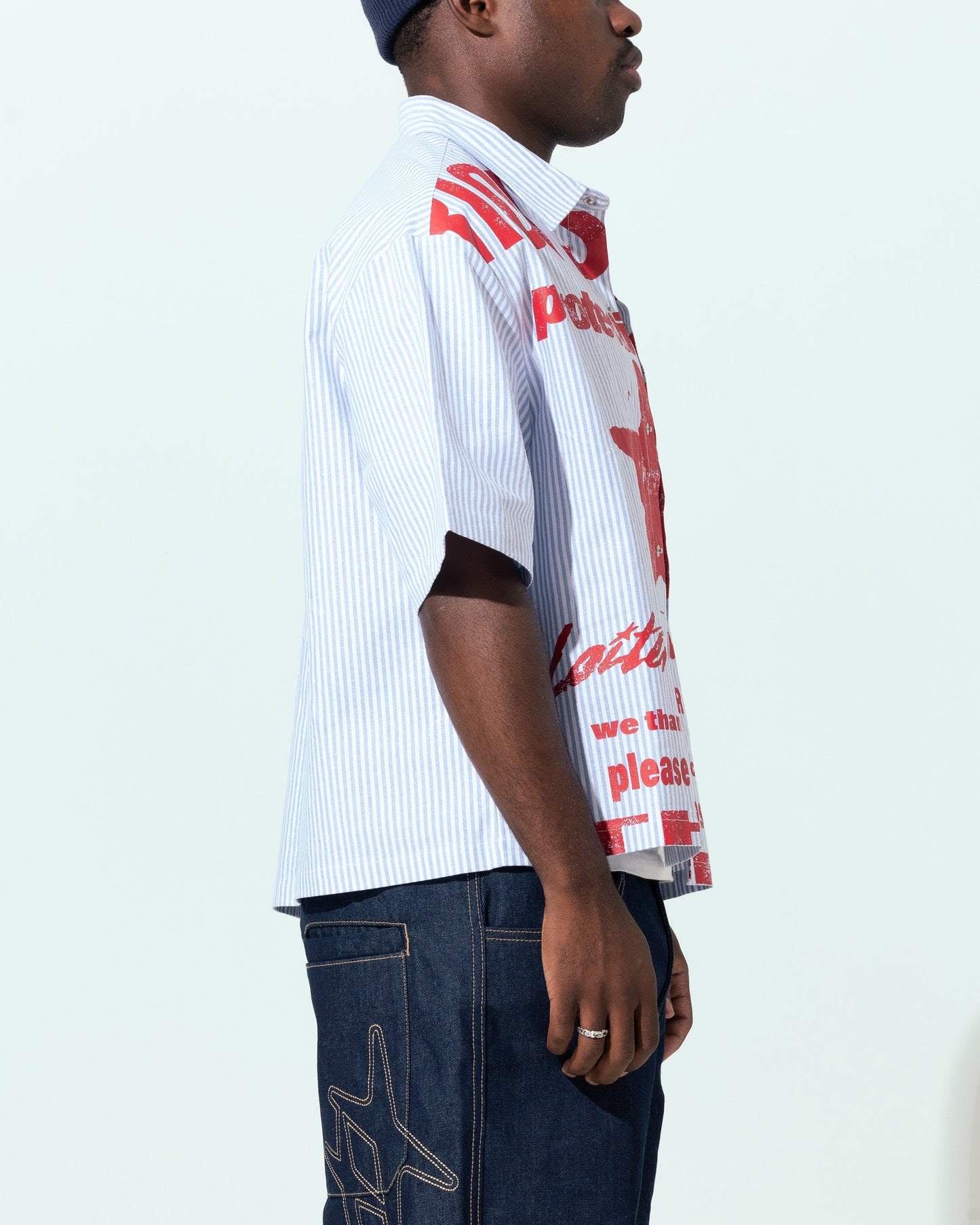 Loiter Riot Squad Button Up T-Shirt Blue Pin Stripe