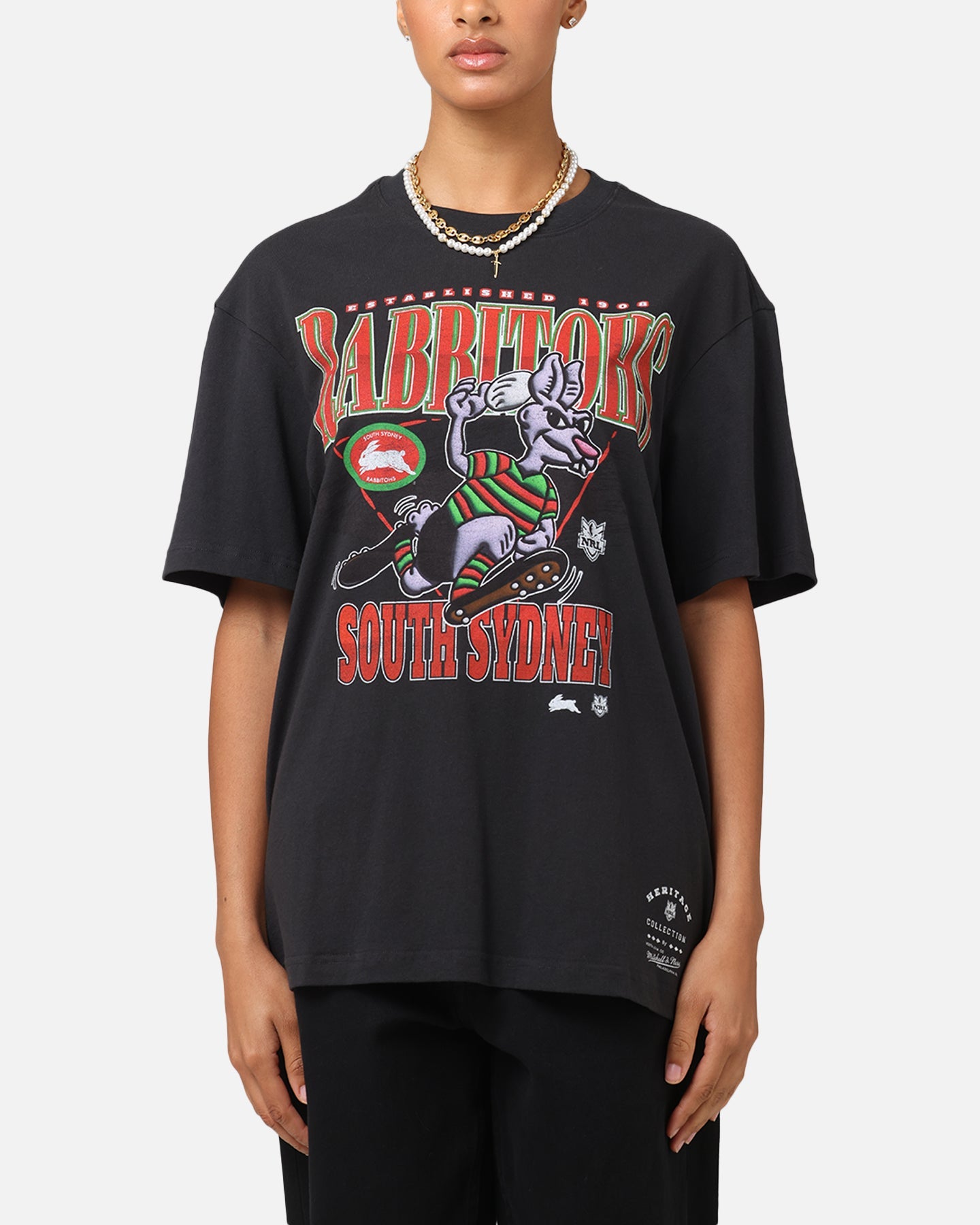 Mitchell & Ness South Sydney Rabbitohs Mascot Character T-Shirt Faded Black Style001