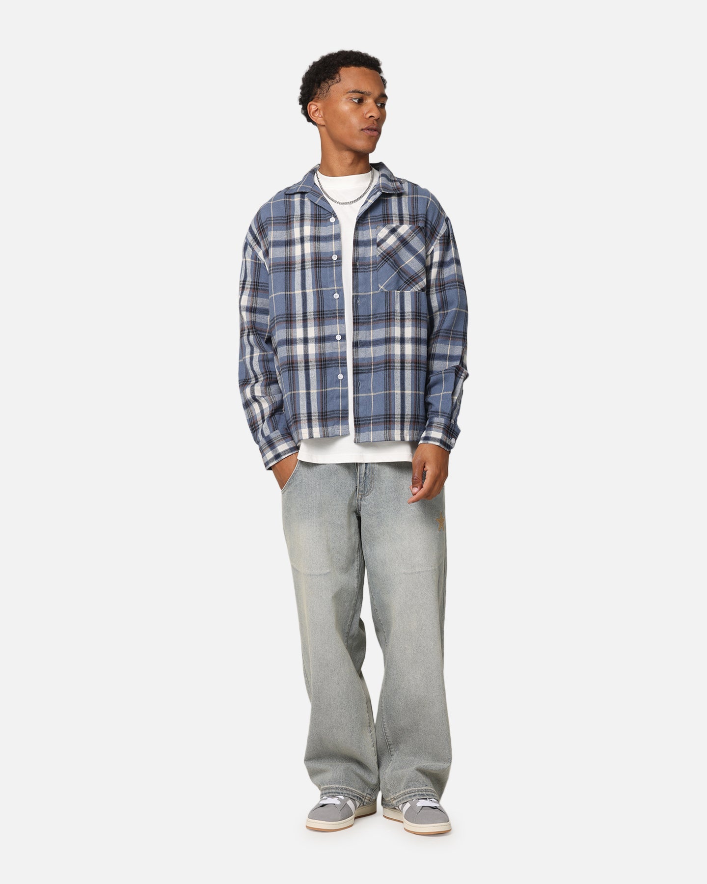 Carre Check Oversized Long Sleeve Button Up Shirt Blue-Plaid