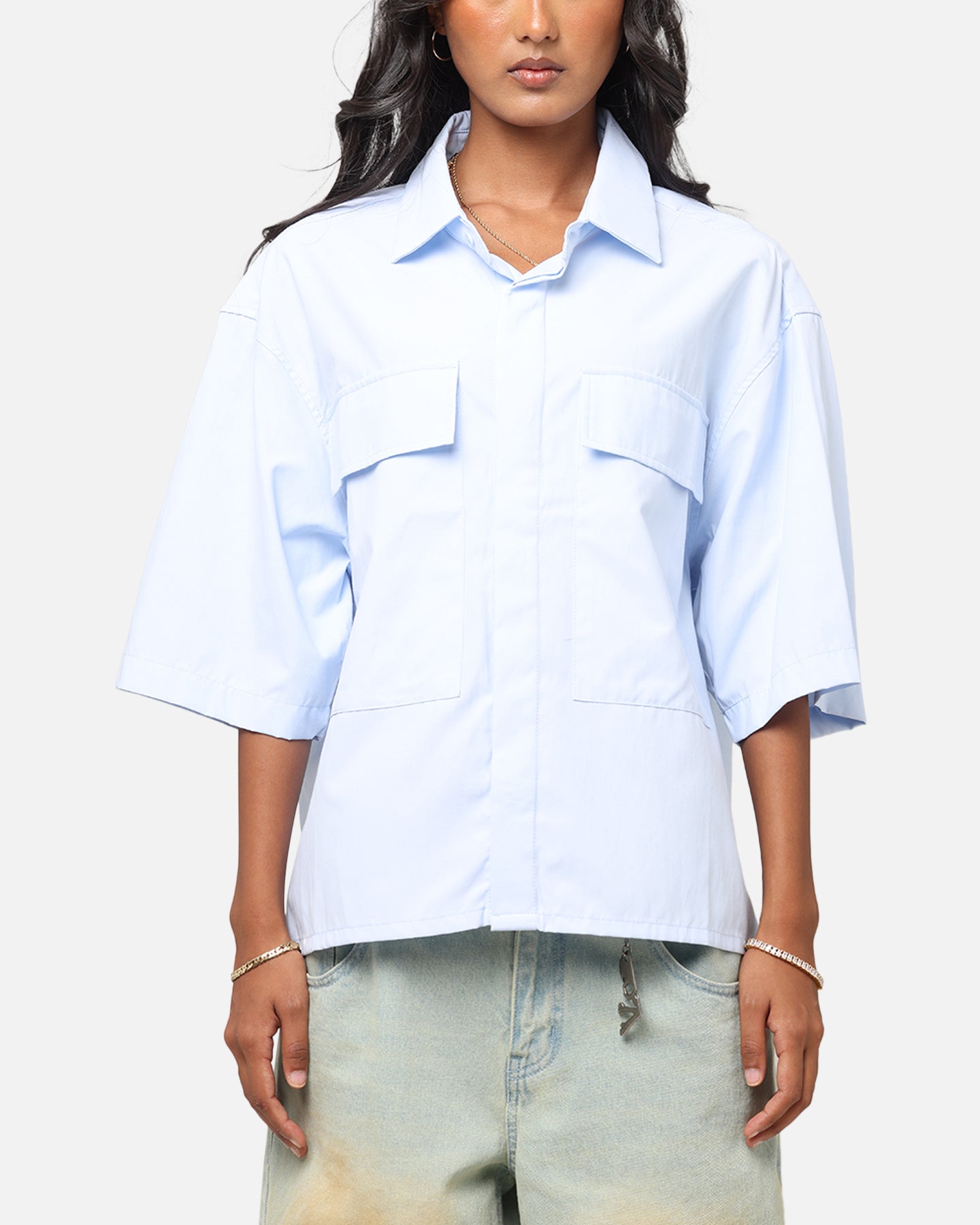 MNML Cropped Short Sleeve Shirt Light Blue Style002