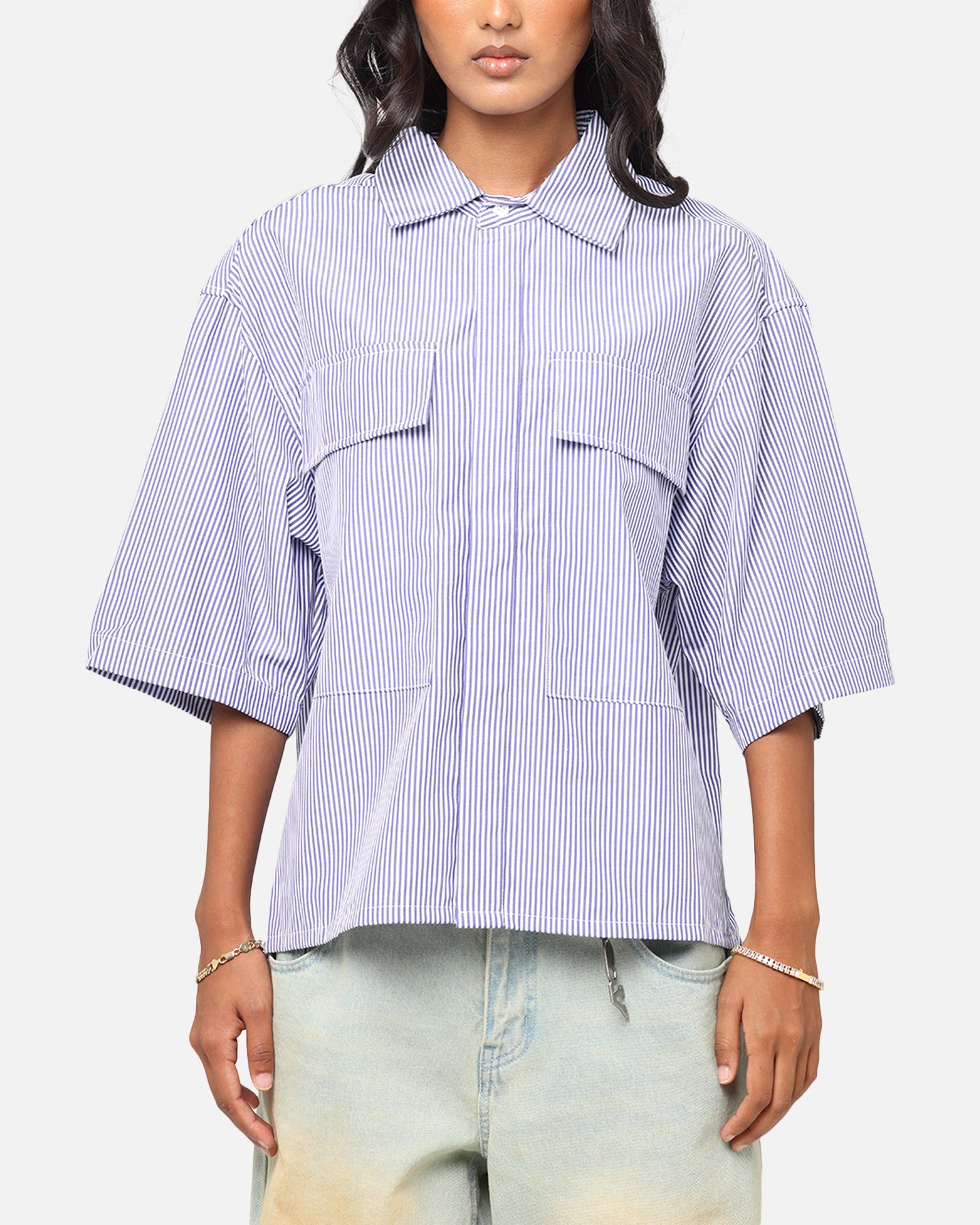 MNML Cropped Striped Short Sleeve Shirt Blue Style001