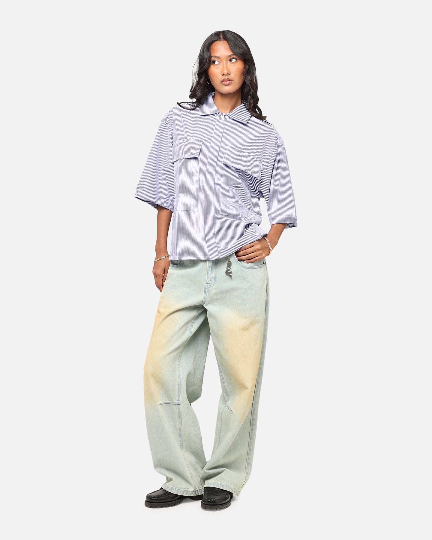 MNML Cropped Striped Short Sleeve Shirt Blue Style001