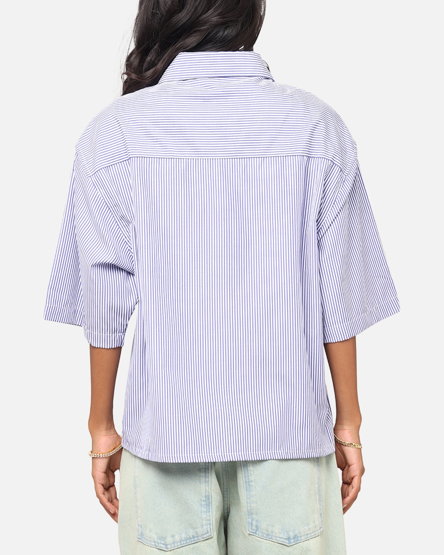MNML Cropped Striped Short Sleeve Shirt Blue Style001
